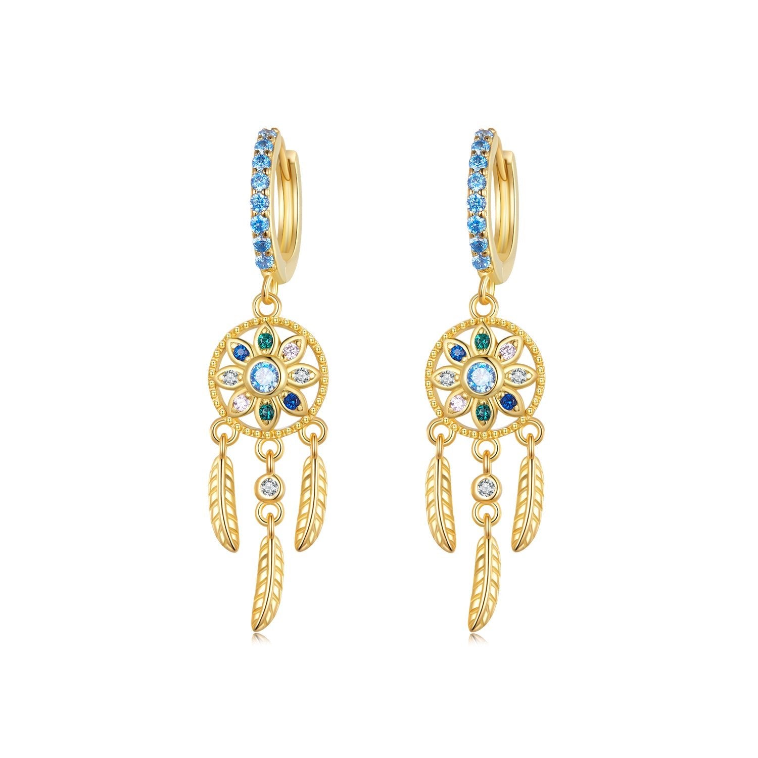Silver Earrings Golden Dreamcatcher Pendant Drop CZ Hoop Earrings For Sale - sursenso Earring