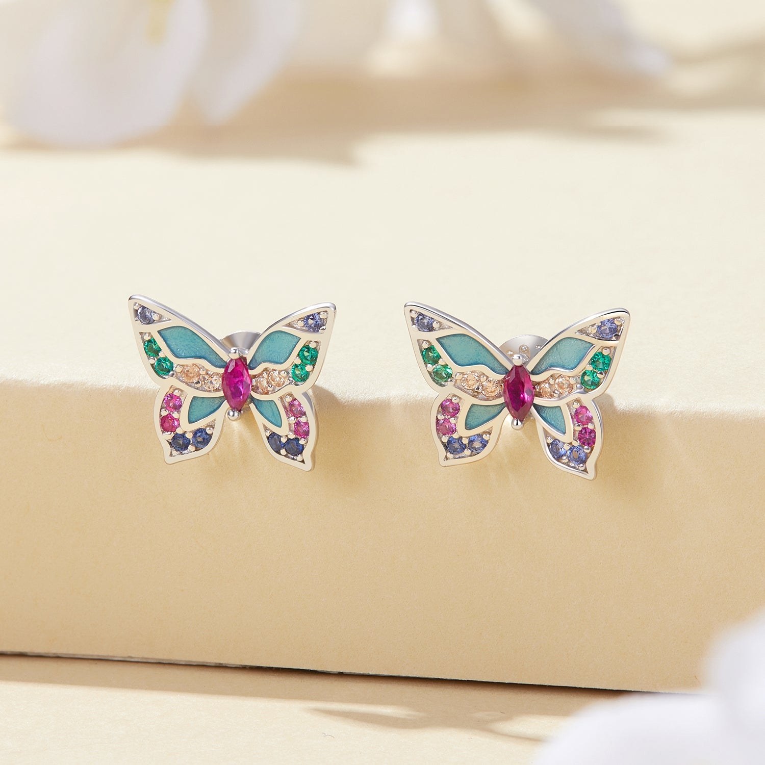 Silver Earrings Gorgeous Colorful Butterfly CZ Stud Earrings For Sale - sursenso Earring