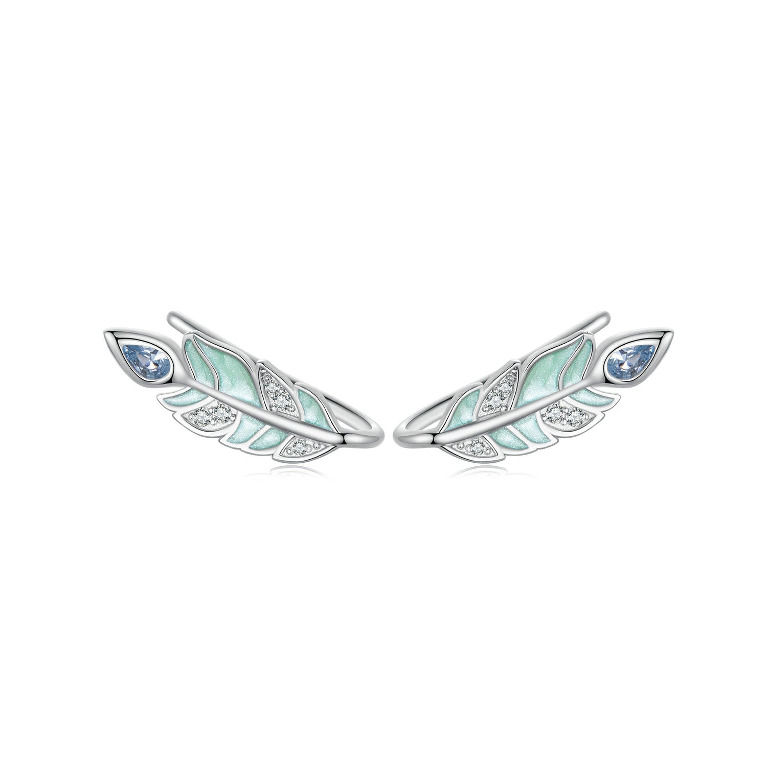 Silver Earrings Green Feather CZ Stud Earrings For Sale - sursenso Earring