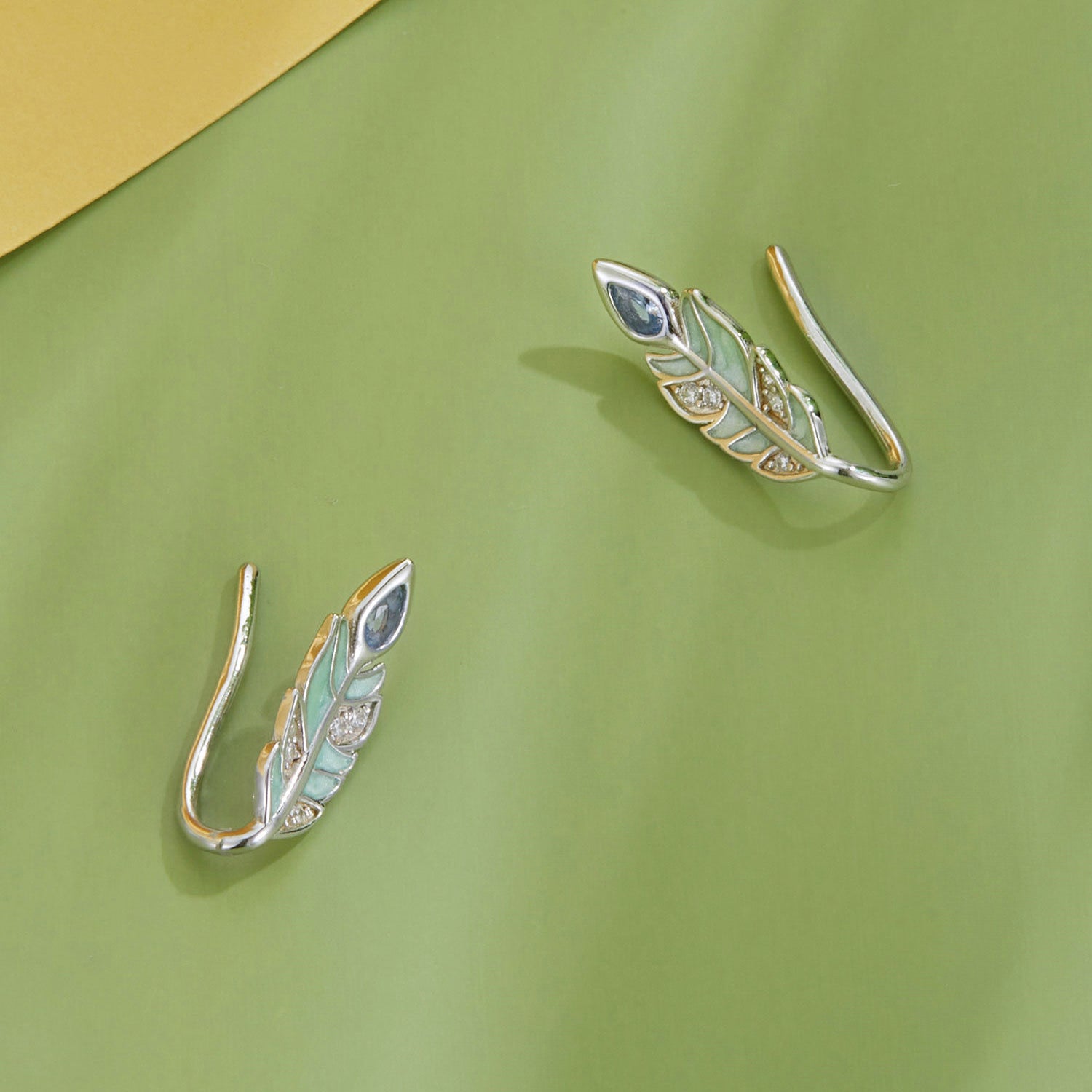 Silver Earrings Green Feather CZ Stud Earrings For Sale - sursenso Earring
