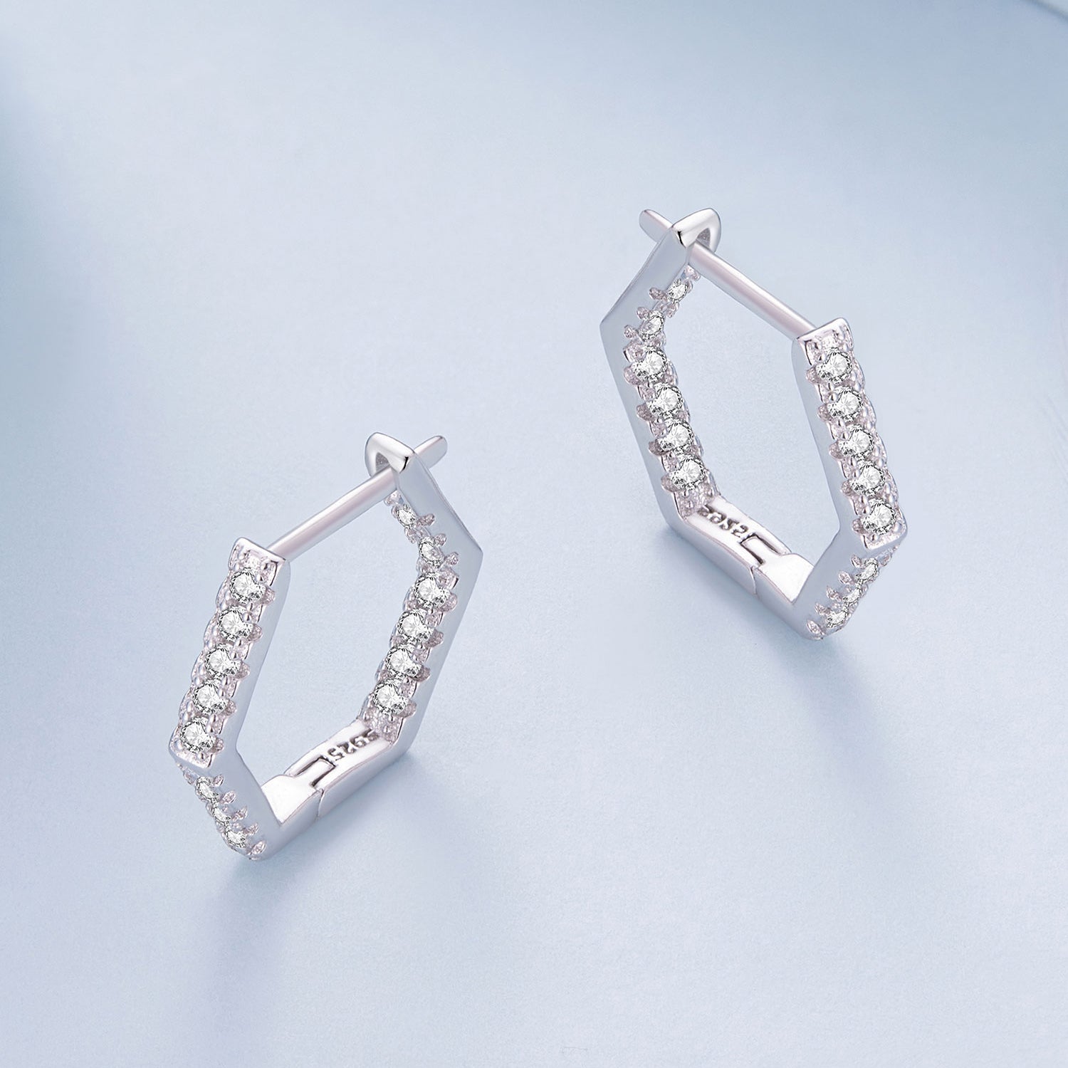 Silver Earrings Hexagonal CZ Hoop Earrings For Sale - sursenso Earring