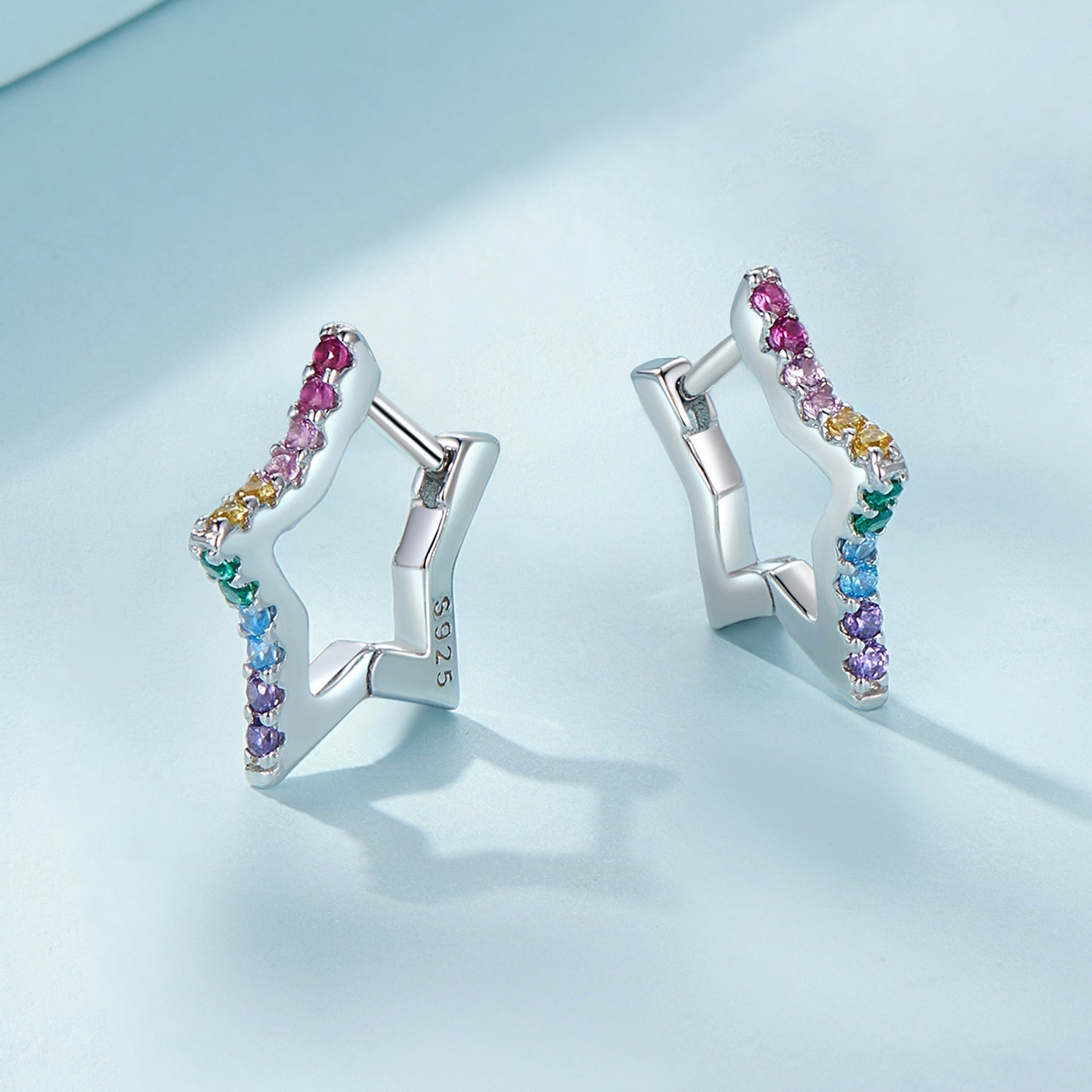 Silver Earrings Iridescent Star CZ Hoop Earrings For Sale - sursenso Earring