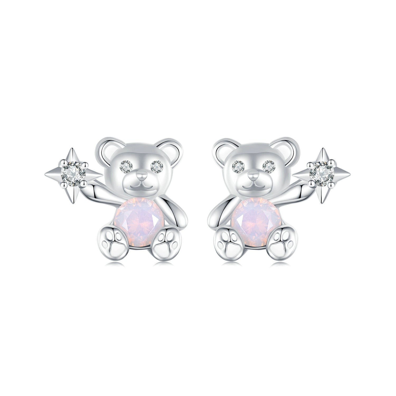 Silver Earrings Little Bear Pink Heart CZ Stud Earrings For Sale - sursenso Earring