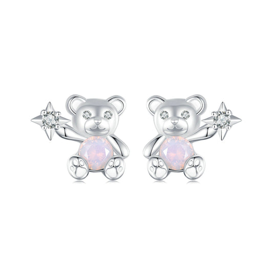 Silver Earrings Little Bear Pink Heart CZ Stud Earrings For Sale - sursenso Earring