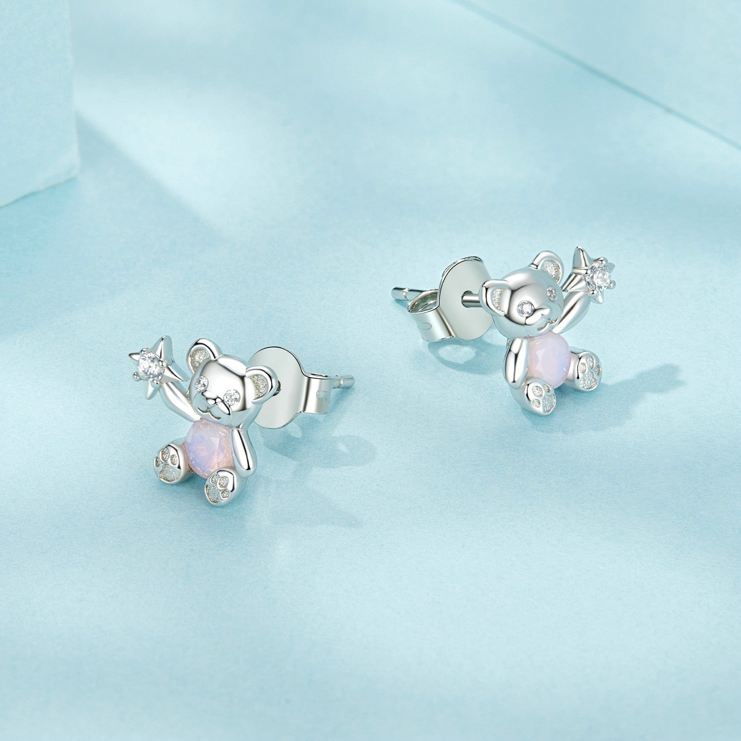 Silver Earrings Little Bear Pink Heart CZ Stud Earrings For Sale - sursenso Earring