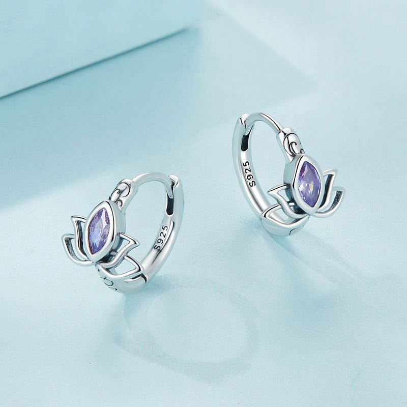 Silver Earrings Lotus Purple CZ Hoop Earrings For Sale - sursenso Earring