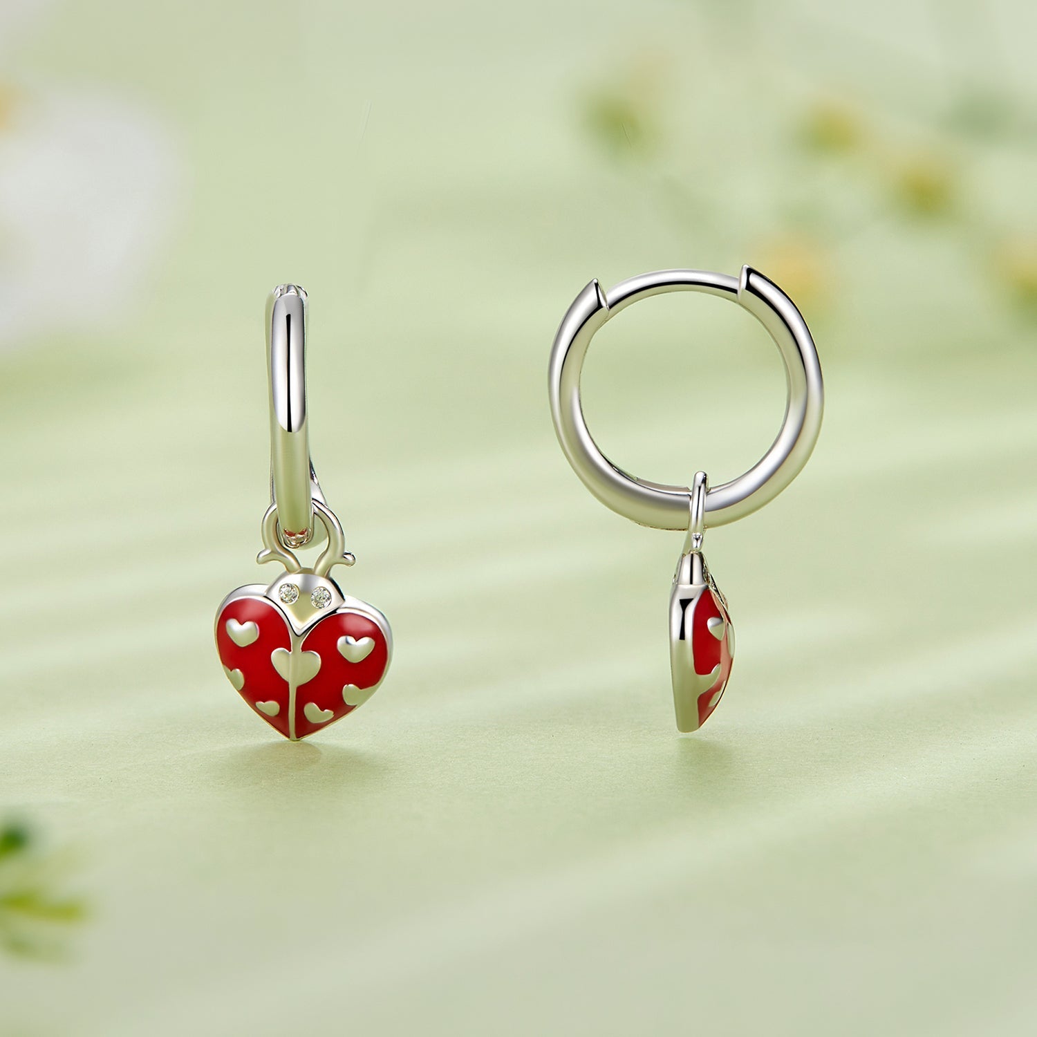 Silver Earrings Love Red Ladybug Pendant Drop CZ Hoop Earrings For Sale - sursenso Earring