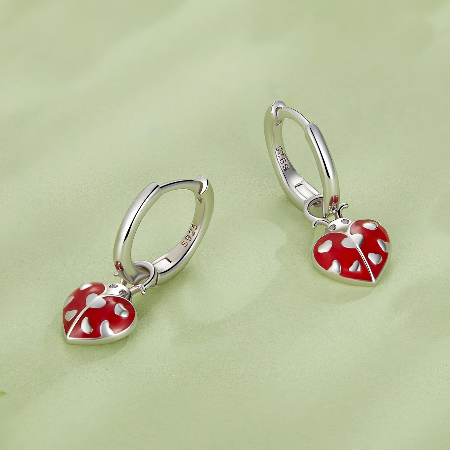Silver Earrings Love Red Ladybug Pendant Drop CZ Hoop Earrings For Sale - sursenso Earring