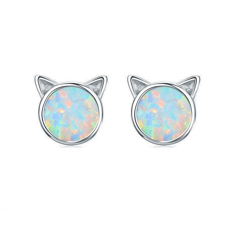 Silver Earrings Lovely Cat Face Opal Stud Earrings For Sale - sursenso Earring