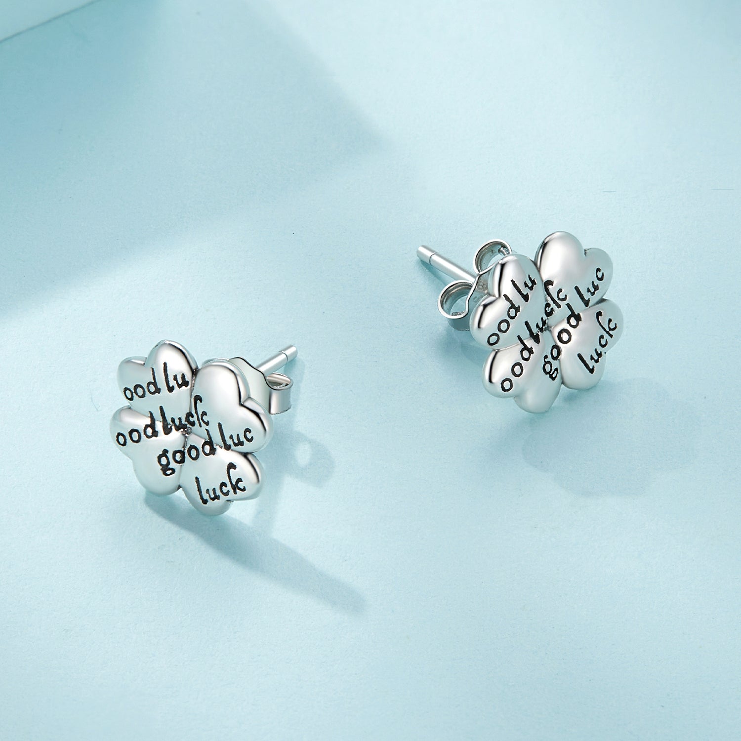 Silver Earrings Lucky Four Leaf Clover Text Stud Earrings For Sale - sursenso Earring