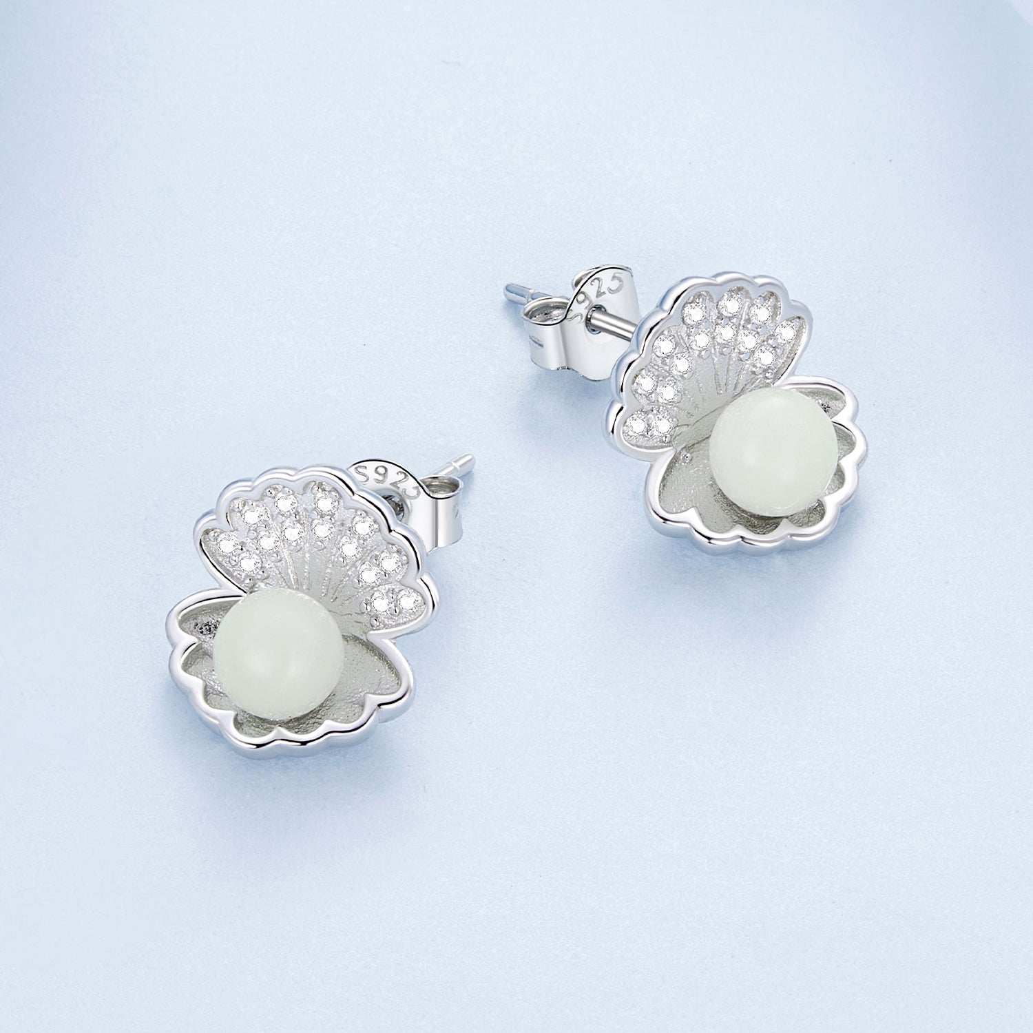 Sterling Silver Earrings Luminous Night Pearl Shell CZ Stud
