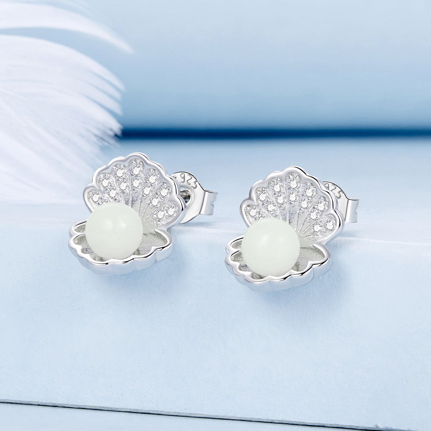 Sterling Silver Earrings Luminous Night Pearl Shell CZ Stud