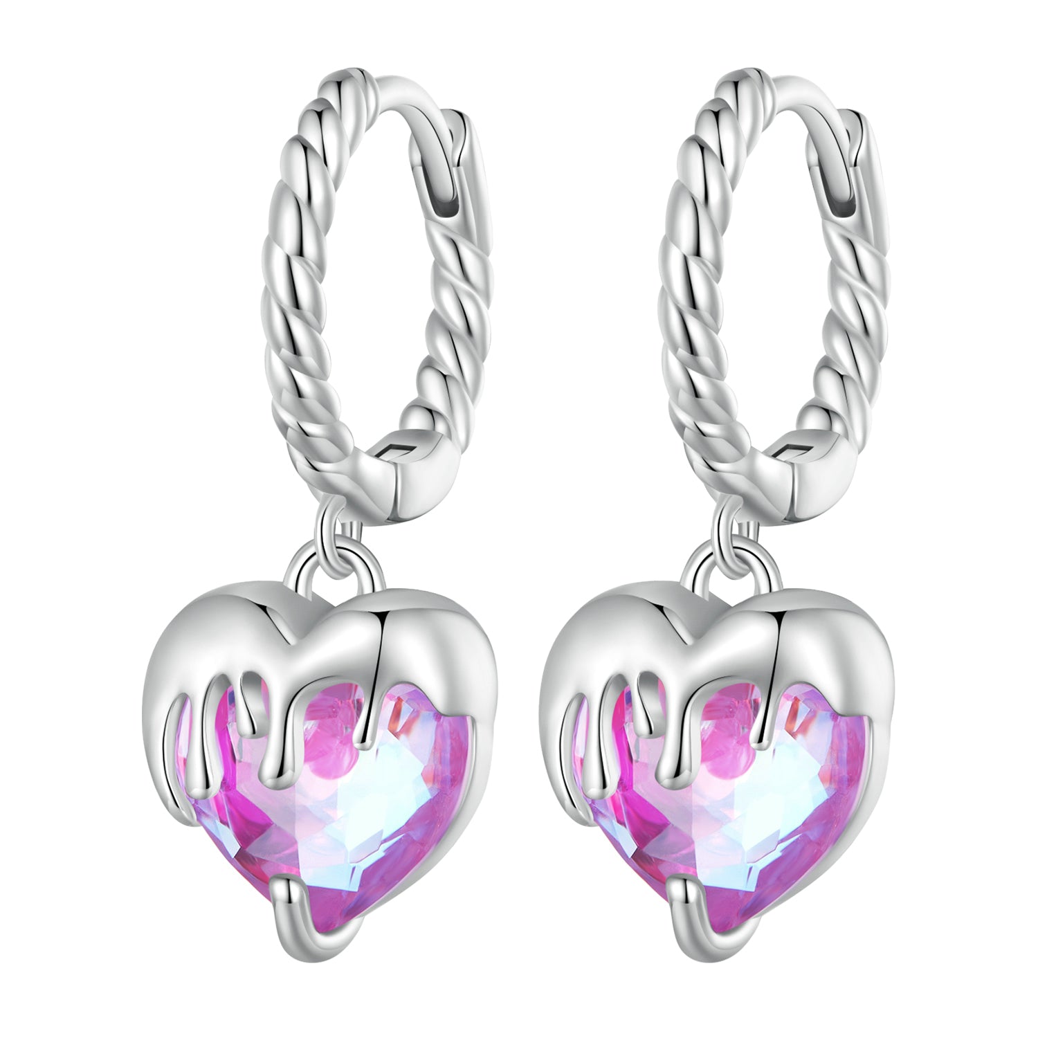 Silver Earrings Melting Heart Pink CZ Hoop Earrings For Sale - sursenso Earring