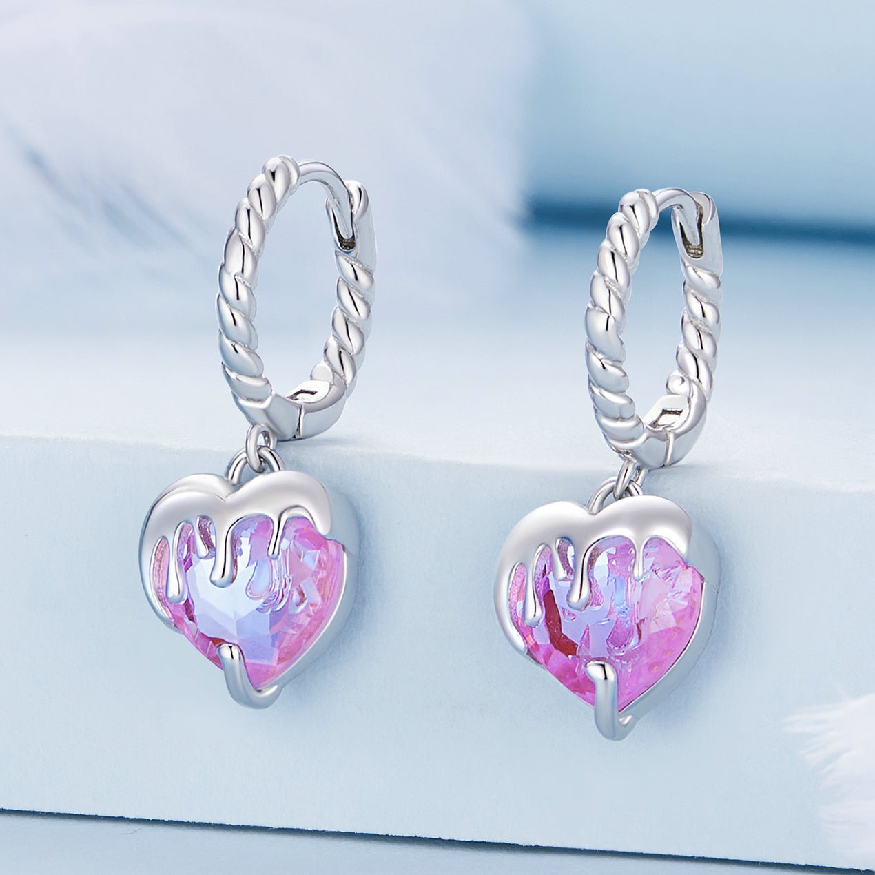 Silver Earrings Melting Heart Pink CZ Hoop Earrings For Sale - sursenso Earring