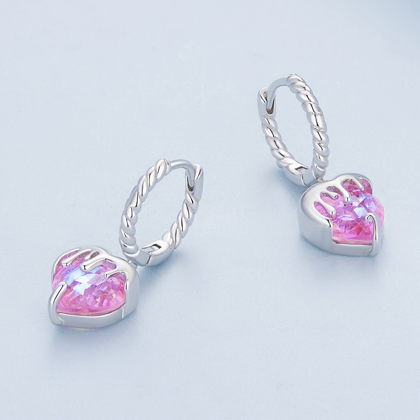 Silver Earrings Melting Heart Pink CZ Hoop Earrings For Sale - sursenso Earring