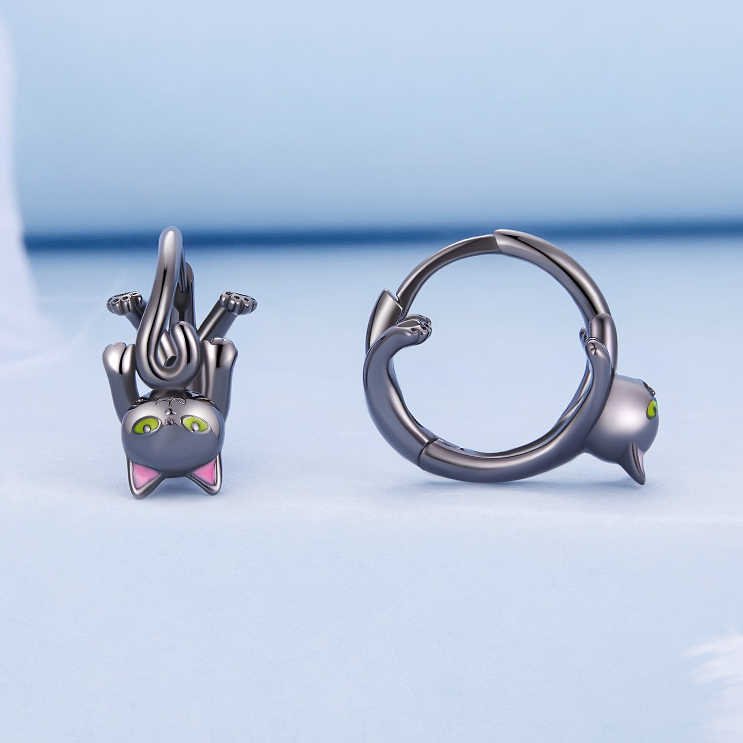 Silver Earrings Naughty Lucky Black Cat Hoop Earrings For Sale - sursenso Earring