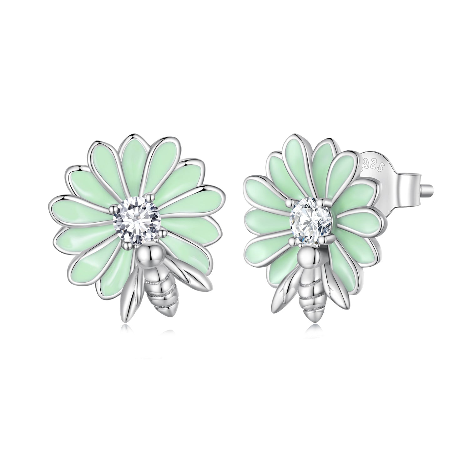 Silver Earrings Pale Green Daisy Bee CZ Stud Earrings For Sale - sursenso Earring