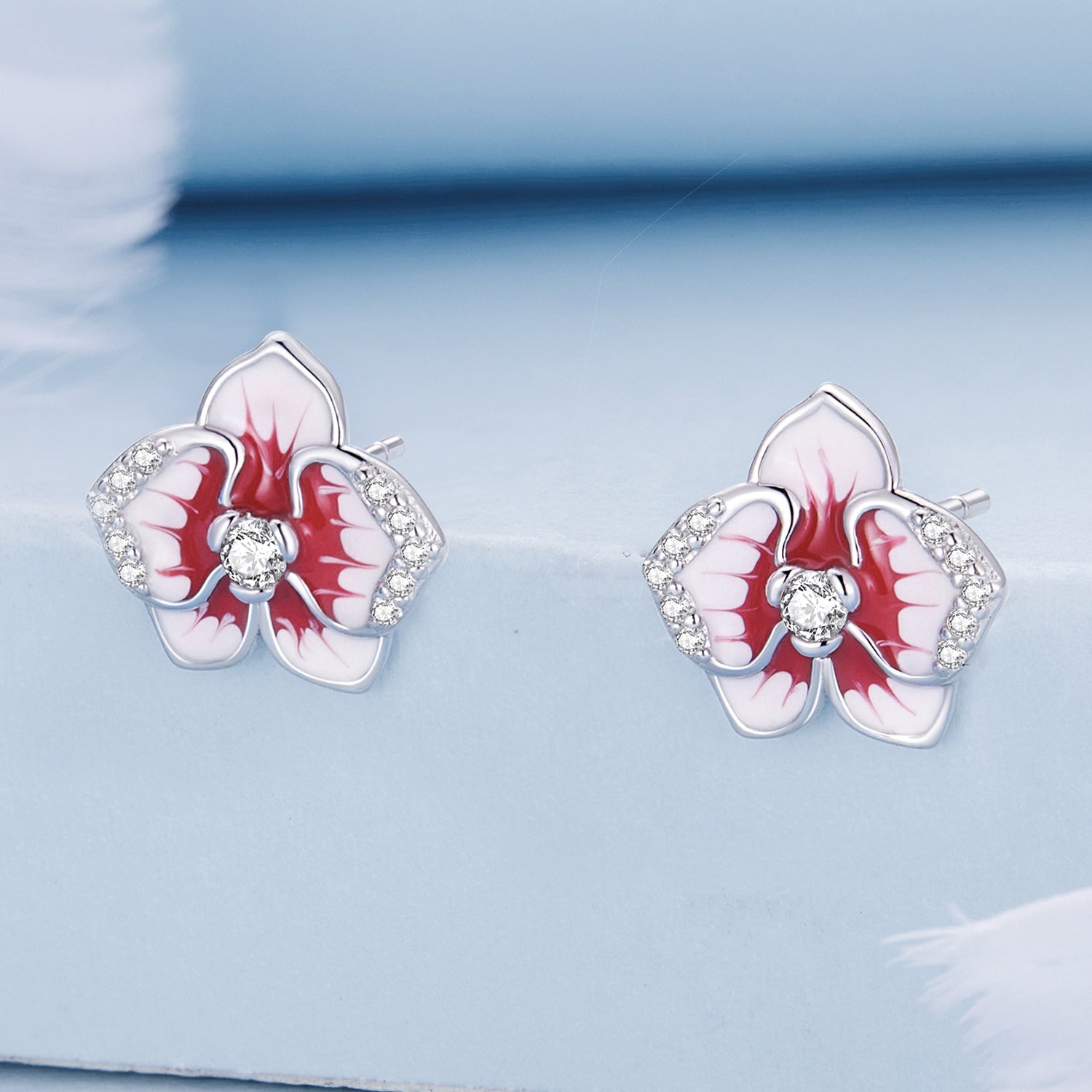 Silver Earrings Pink Butterfly Orchid CZ Stud Earrings For Sale - sursenso Earring