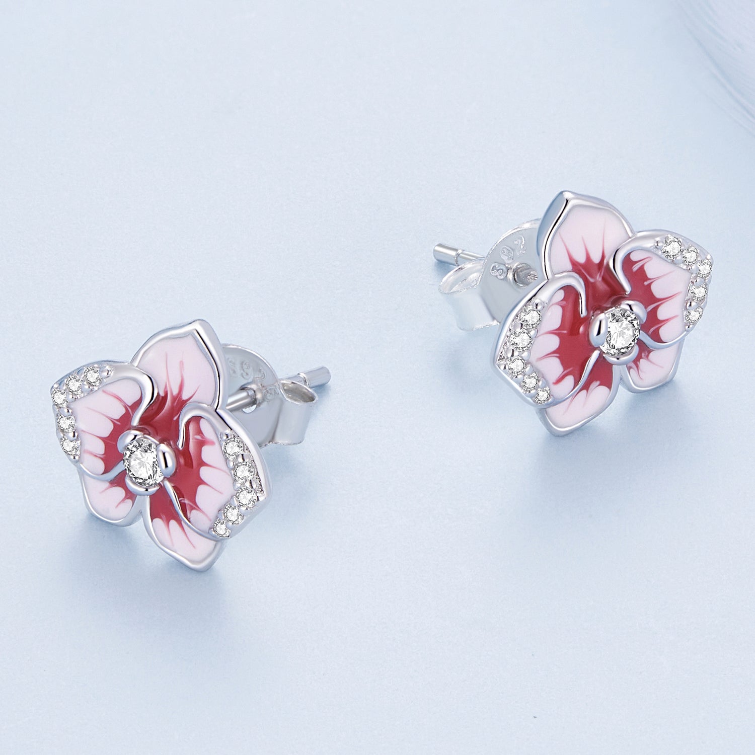Silver Earrings Pink Butterfly Orchid CZ Stud Earrings For Sale - sursenso Earring