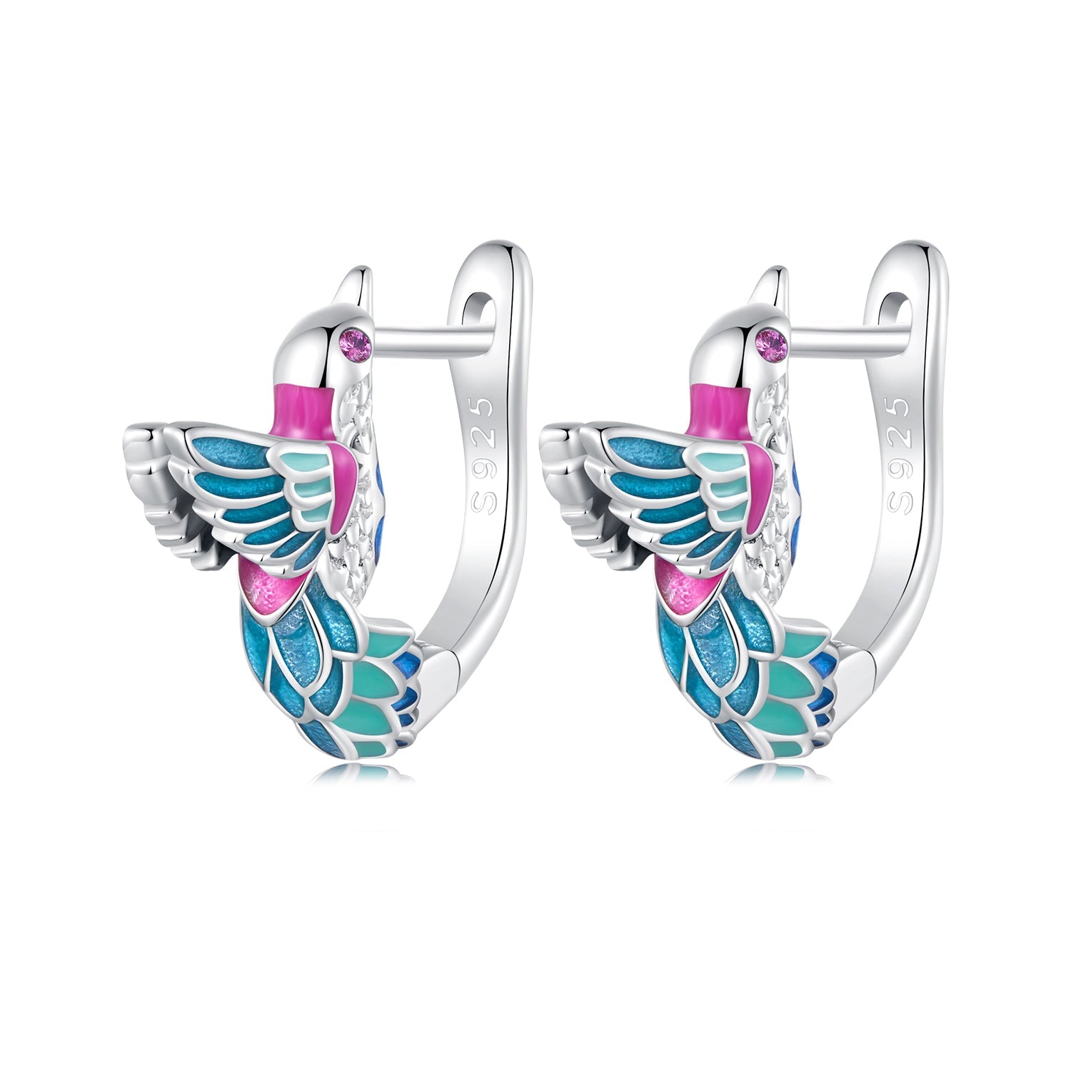 Silver Earrings Pink Green Kingfisher CZ Hoop Earrings For Sale - sursenso Earring