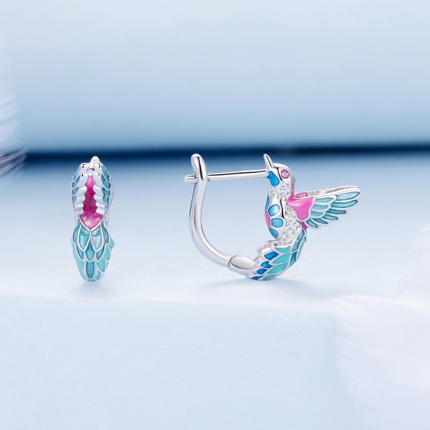 Silver Earrings Pink Green Kingfisher CZ Hoop Earrings For Sale - sursenso Earring