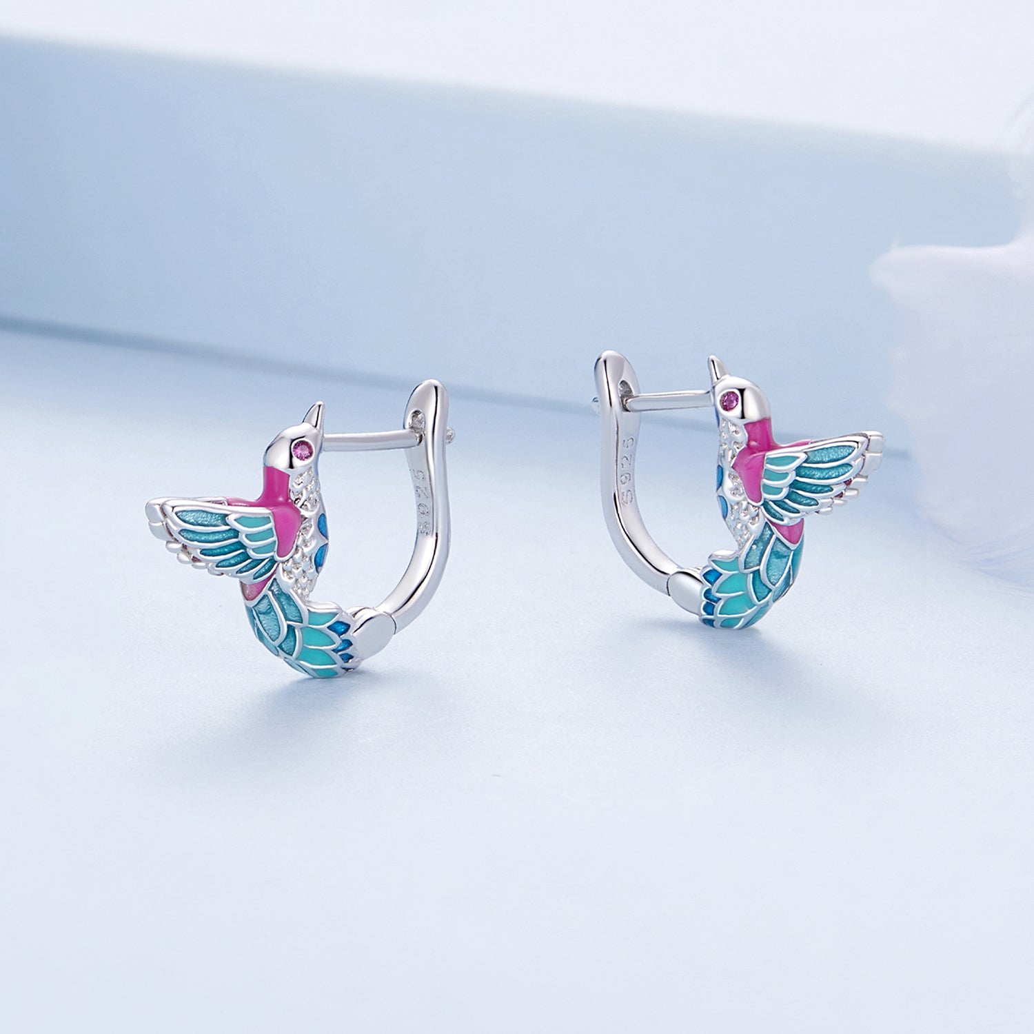 Silver Earrings Pink Green Kingfisher CZ Hoop Earrings For Sale - sursenso Earring