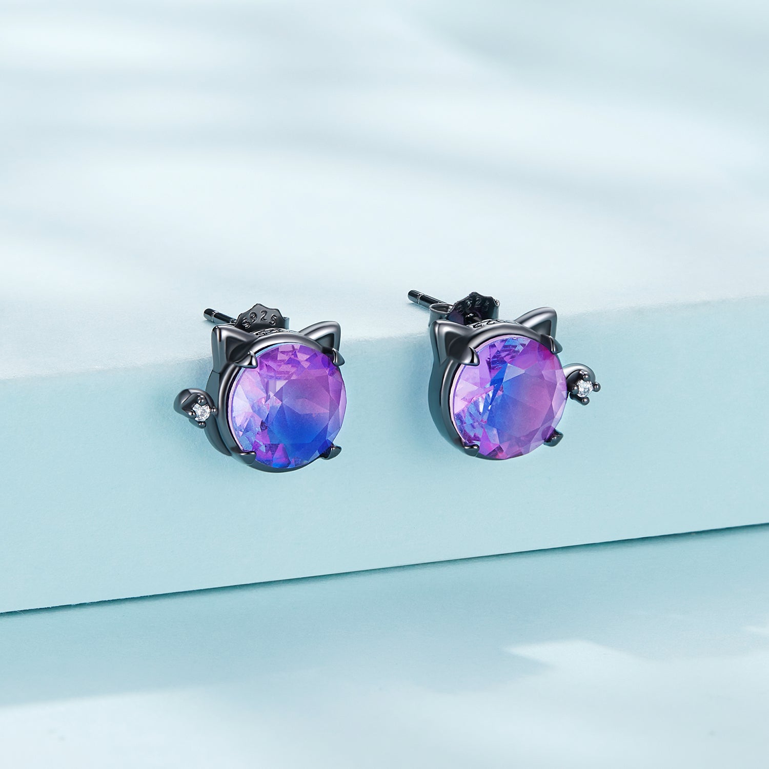Silver Earrings Purple Magic Cat Glass CZ Stud Earrings For Sale - sursenso Earring
