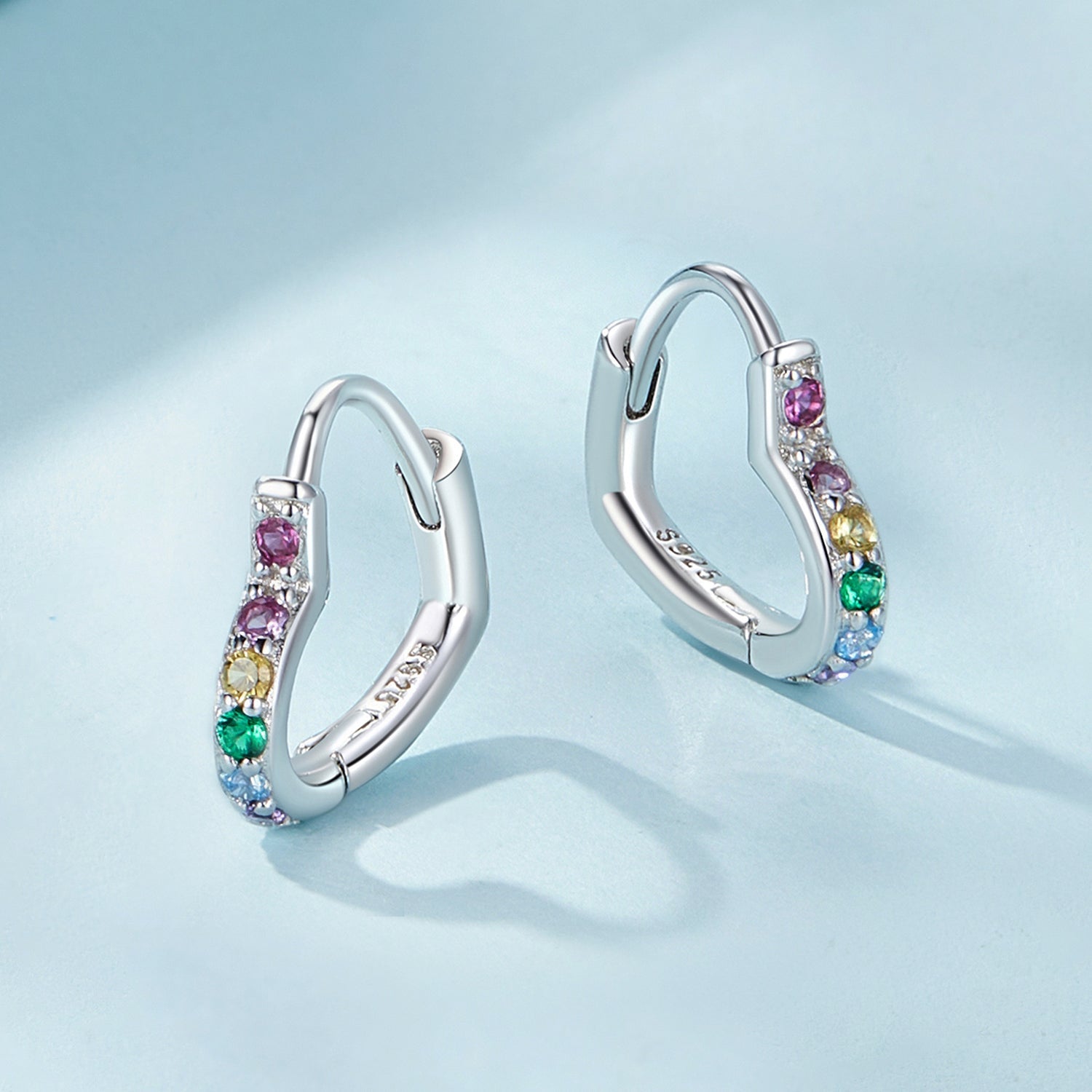 Silver Earrings Rainbow Heart CZ Hoop Earrings For Sale - sursenso Earring