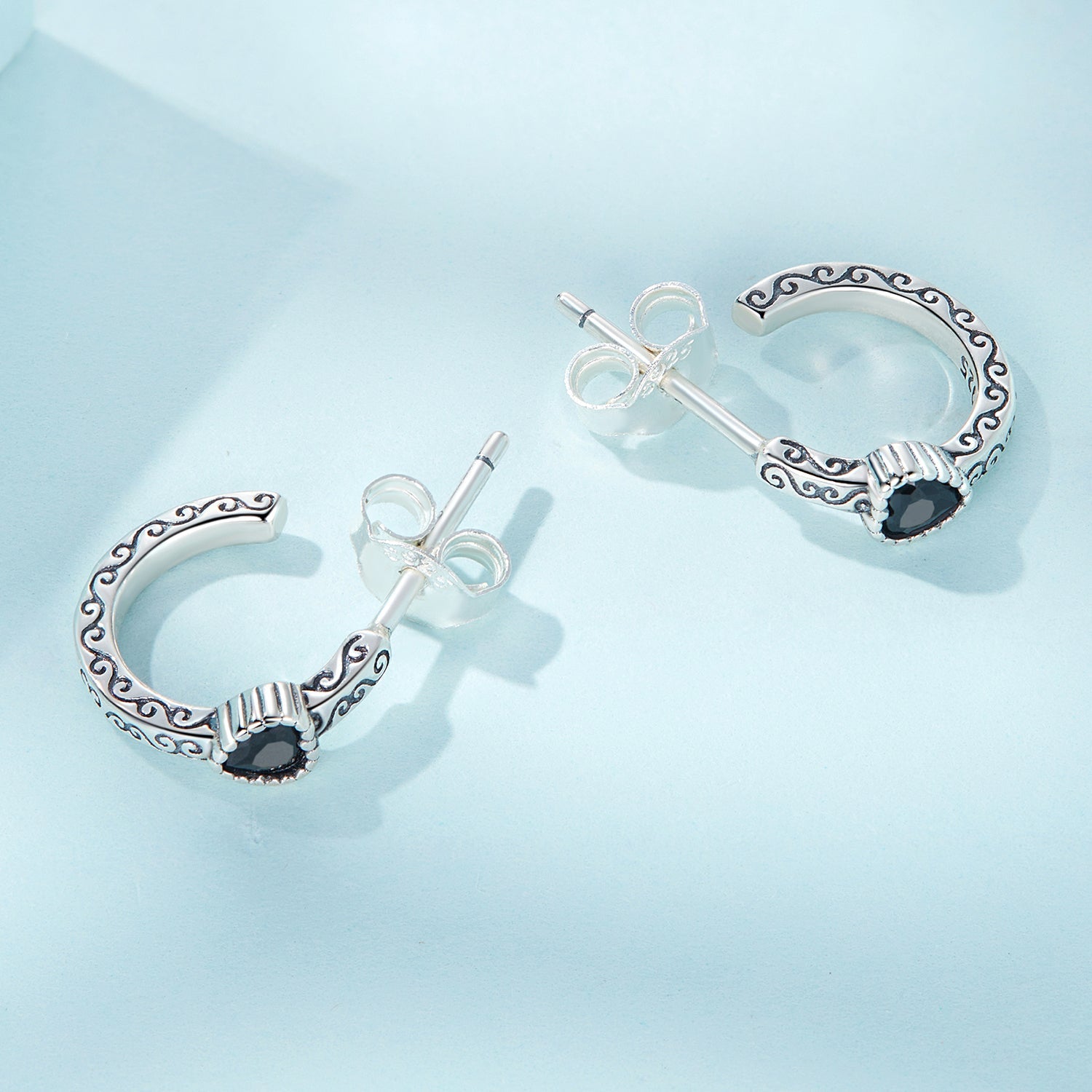 Silver Earrings Retro Black Curved CZ Stud Earrings For Sale - sursenso Earring