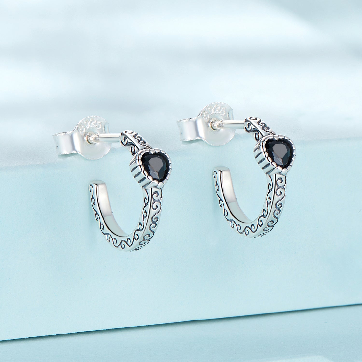 Silver Earrings Retro Black Curved CZ Stud Earrings For Sale - sursenso Earring