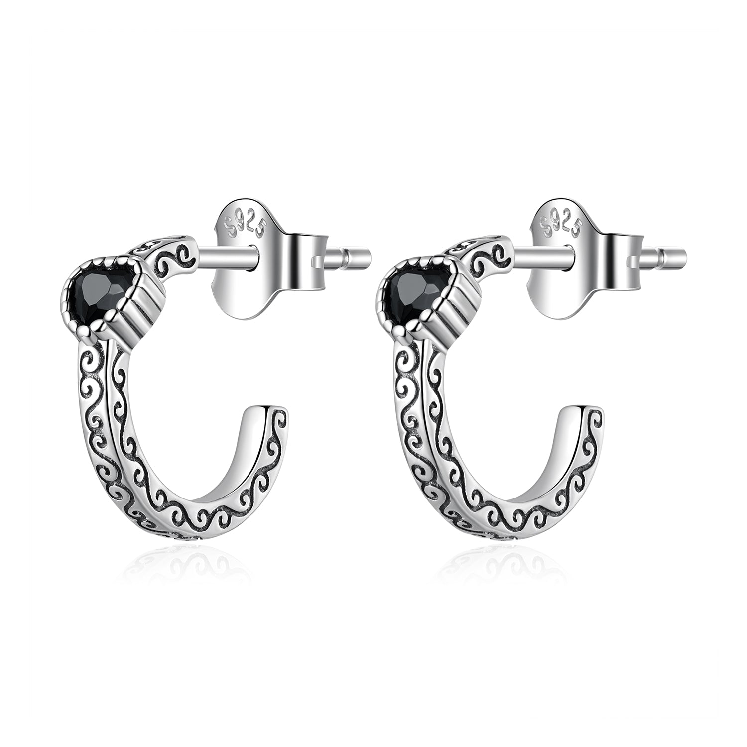 Silver Earrings Retro Black Curved CZ Stud Earrings For Sale - sursenso Earring