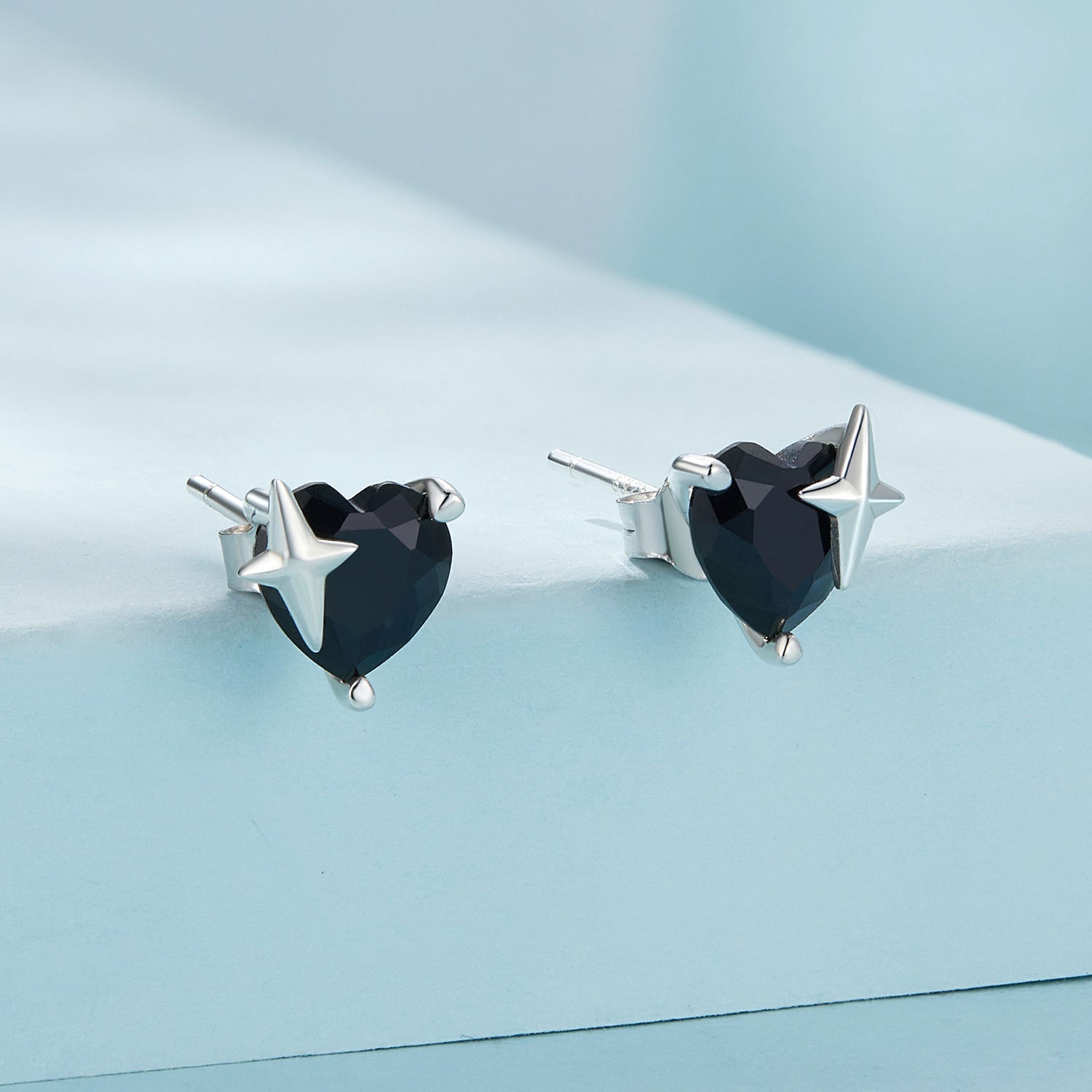 Silver Earrings Sparkling Black Heart CZ Stud Earrings For Sale - sursenso Earring