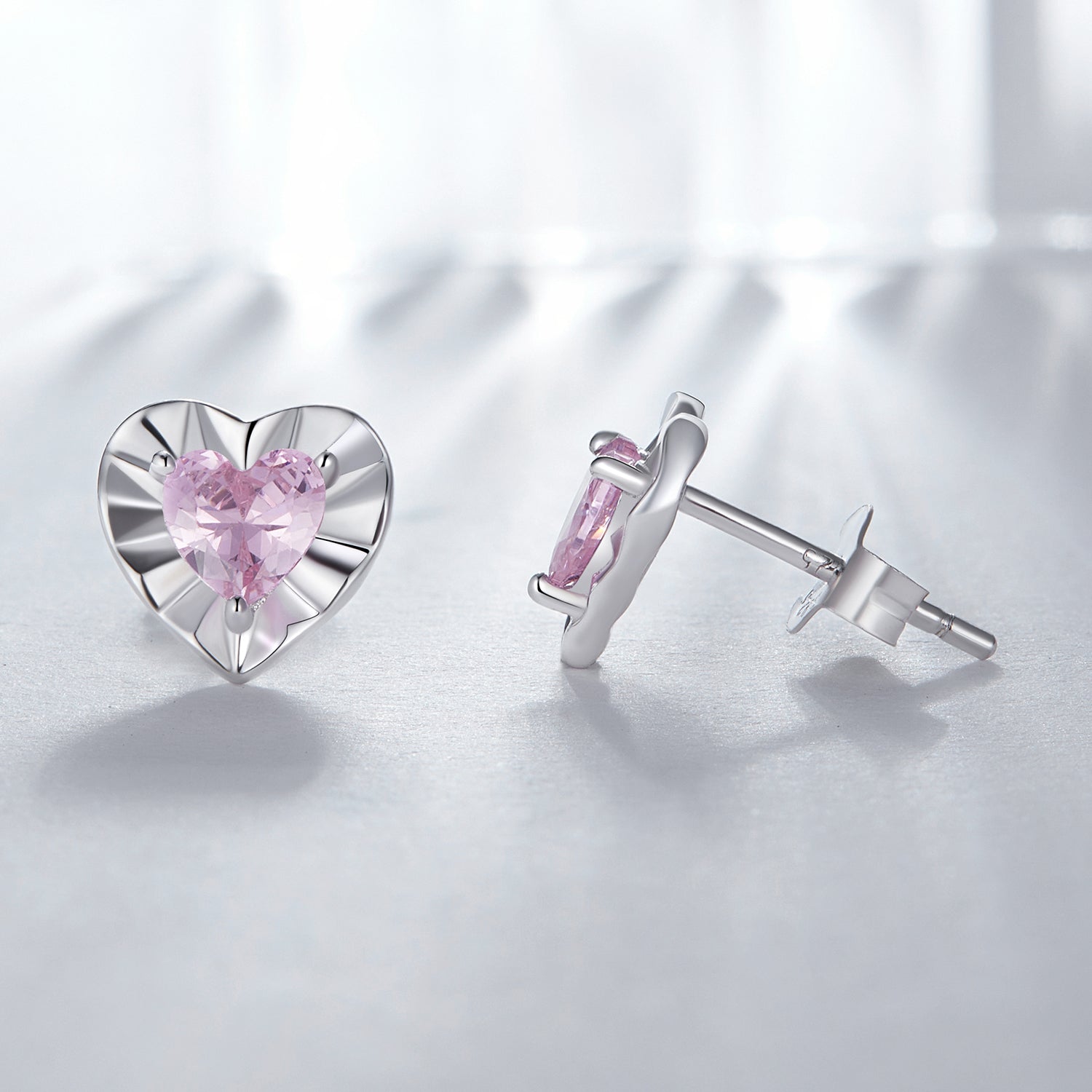 Silver Earrings Sparkly Heart Pink CZ Stud Earrings For Sale - sursenso Earring