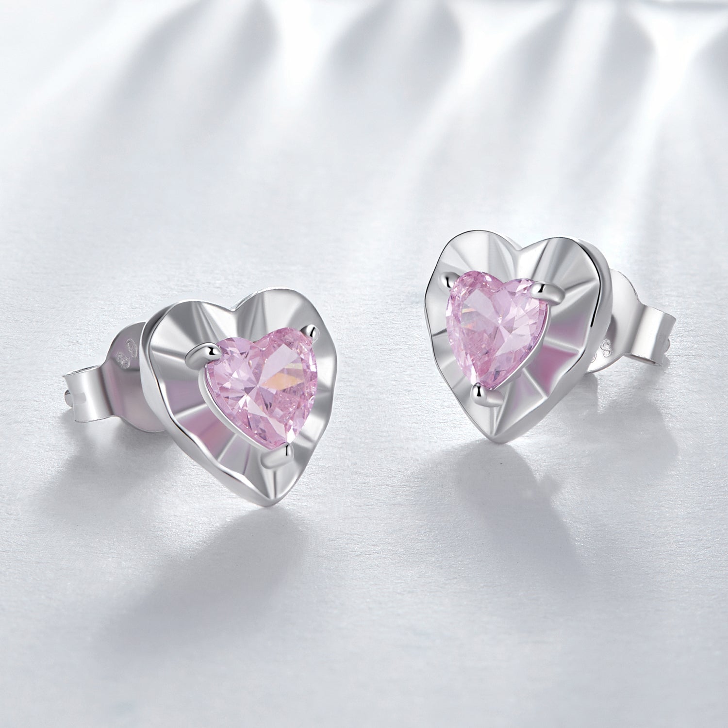 Silver Earrings Sparkly Heart Pink CZ Stud Earrings For Sale - sursenso Earring