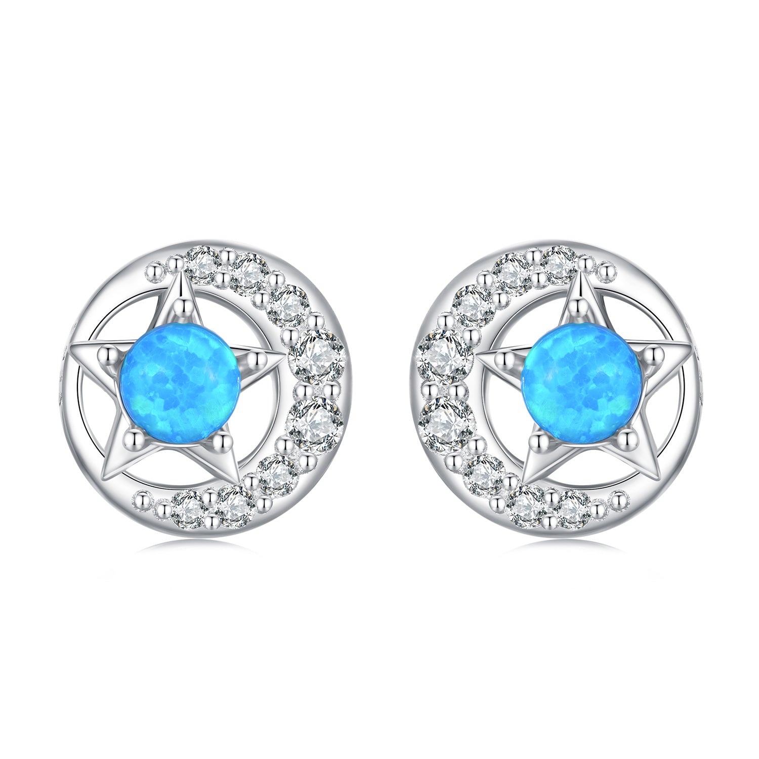 Silver Earrings Star and Moon Opal CZ Stud Earrings For Sale - sursenso Earring
