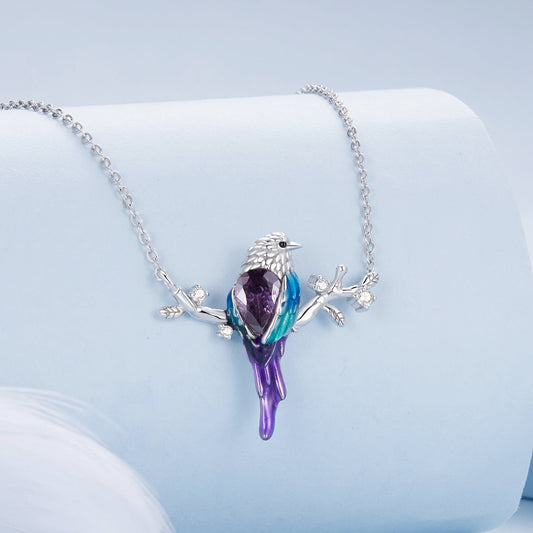 Silver Necklace Blue Bird CZ Heart with Lobster Clasp For Sale - sursenso Necklaces