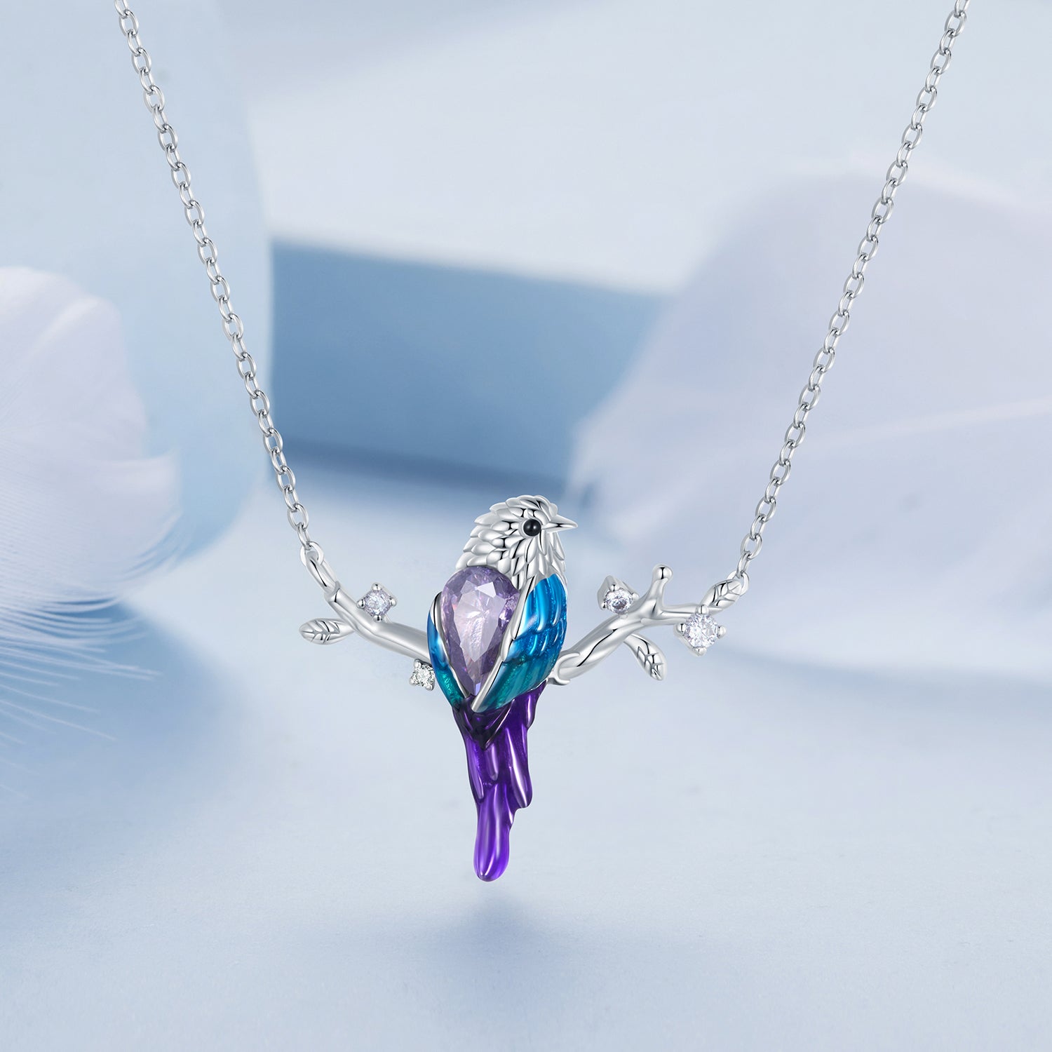 Silver Necklace Blue Bird CZ Heart with Lobster Clasp For Sale - sursenso Necklaces