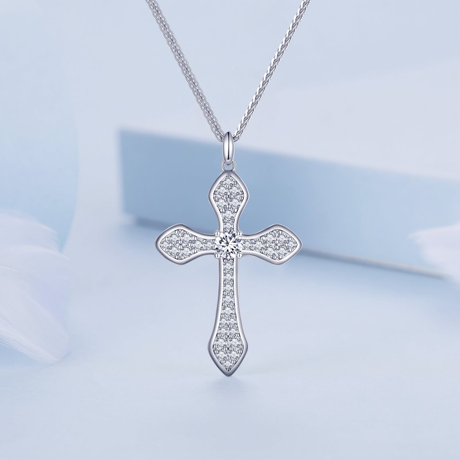Silver Necklace Chopin The Cross CZ Pendant with Lobster Clasp For Sale - sursenso Necklaces