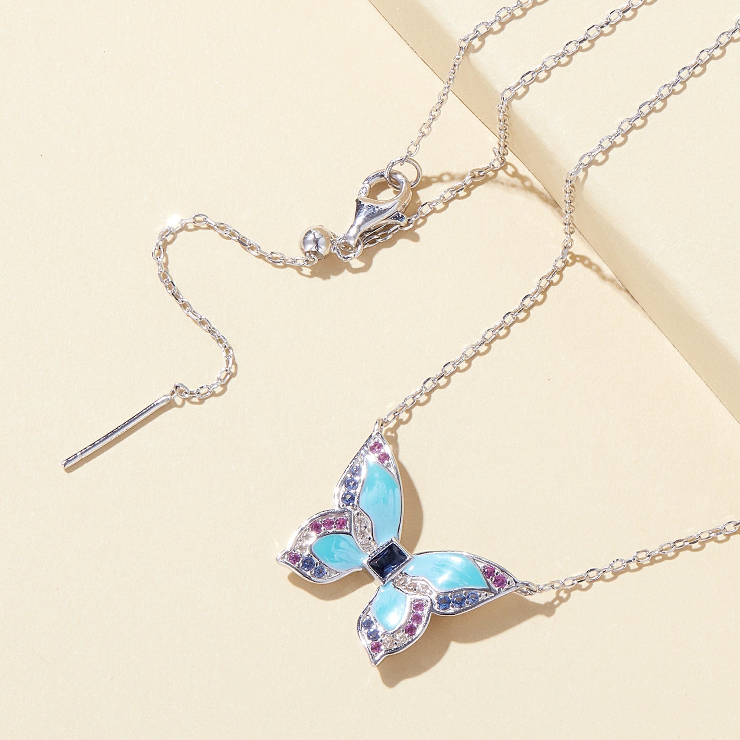 Silver Necklace Colorful Blue Mainstream Butterfly Pendant Necklace with Lobster Clasp For Sale - sursenso Necklaces