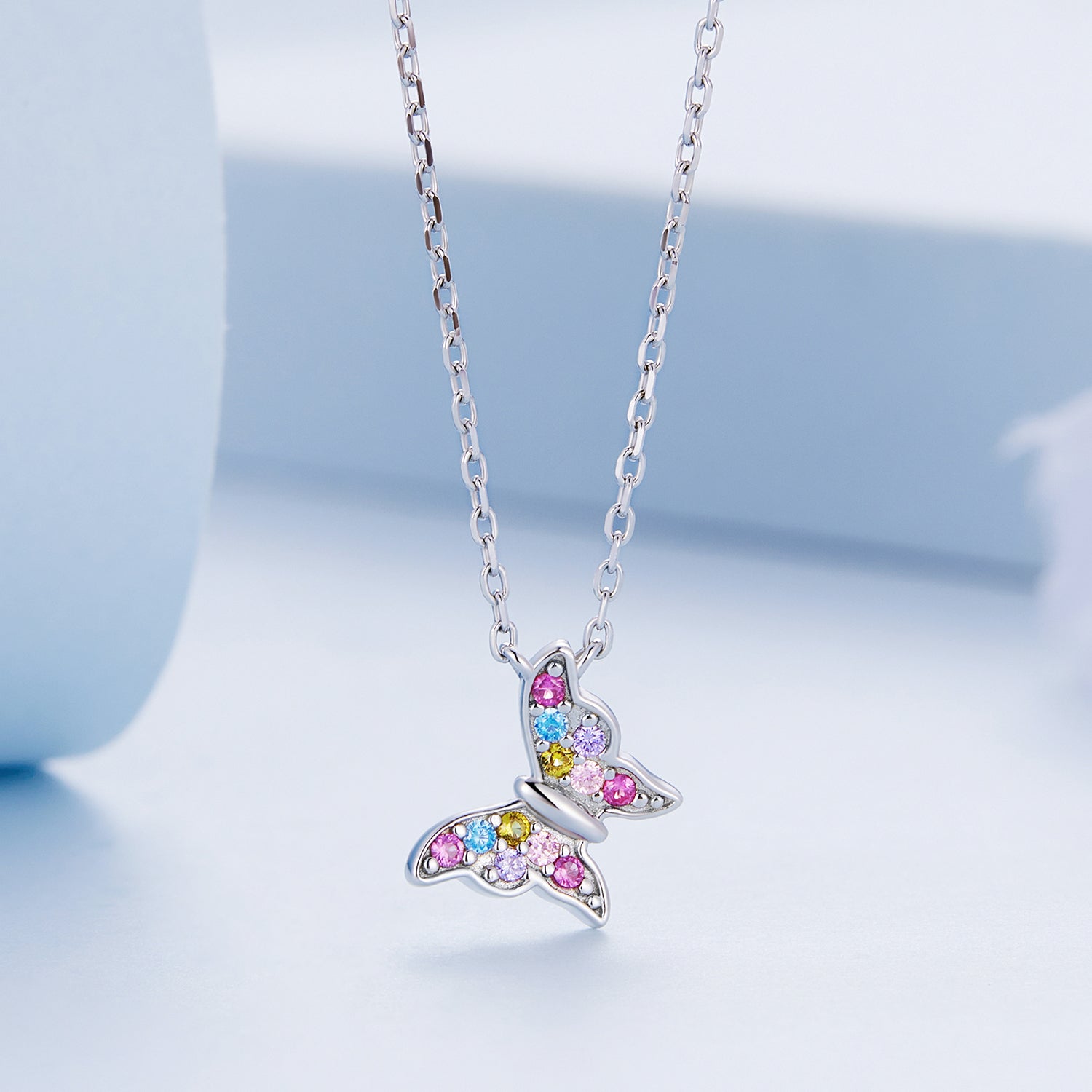 Silver Necklace Colorful Butterfly Pendant with Lobster Clasp Jewelry Adjustable For Sale - sursenso Necklaces
