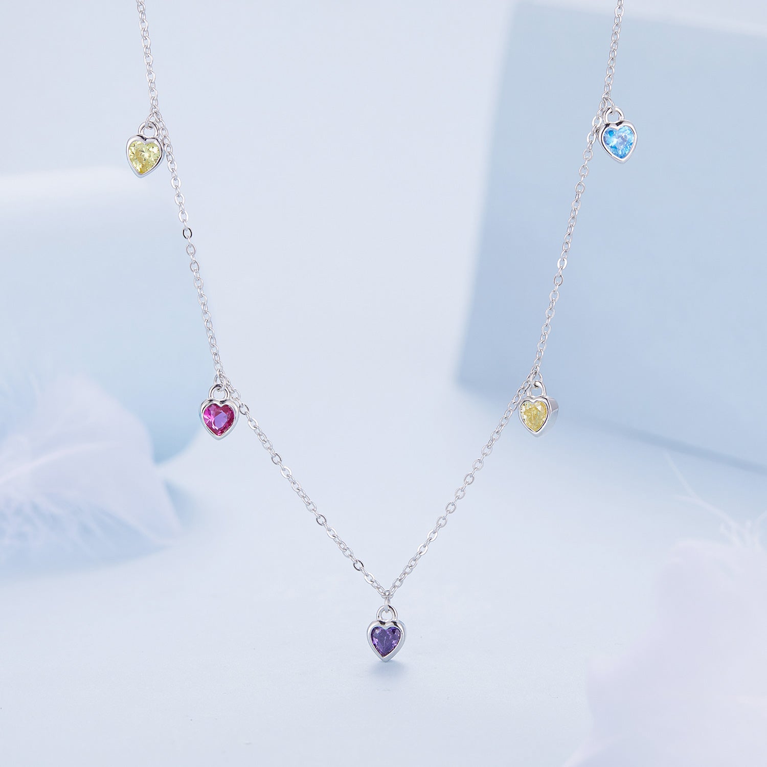 Silver Necklace Colorful Continuous CZ Heart with Lobster Clasp For Sale - sursenso Necklaces