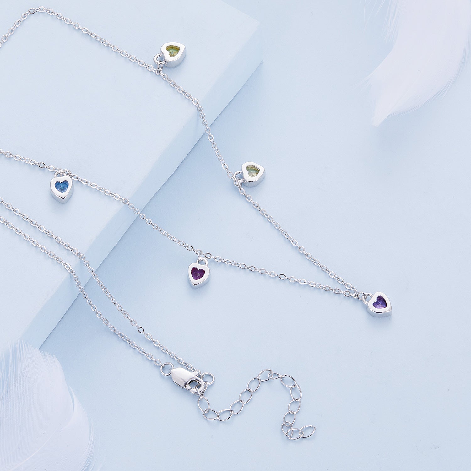 Silver Necklace Colorful Continuous CZ Heart with Lobster Clasp For Sale - sursenso Necklaces