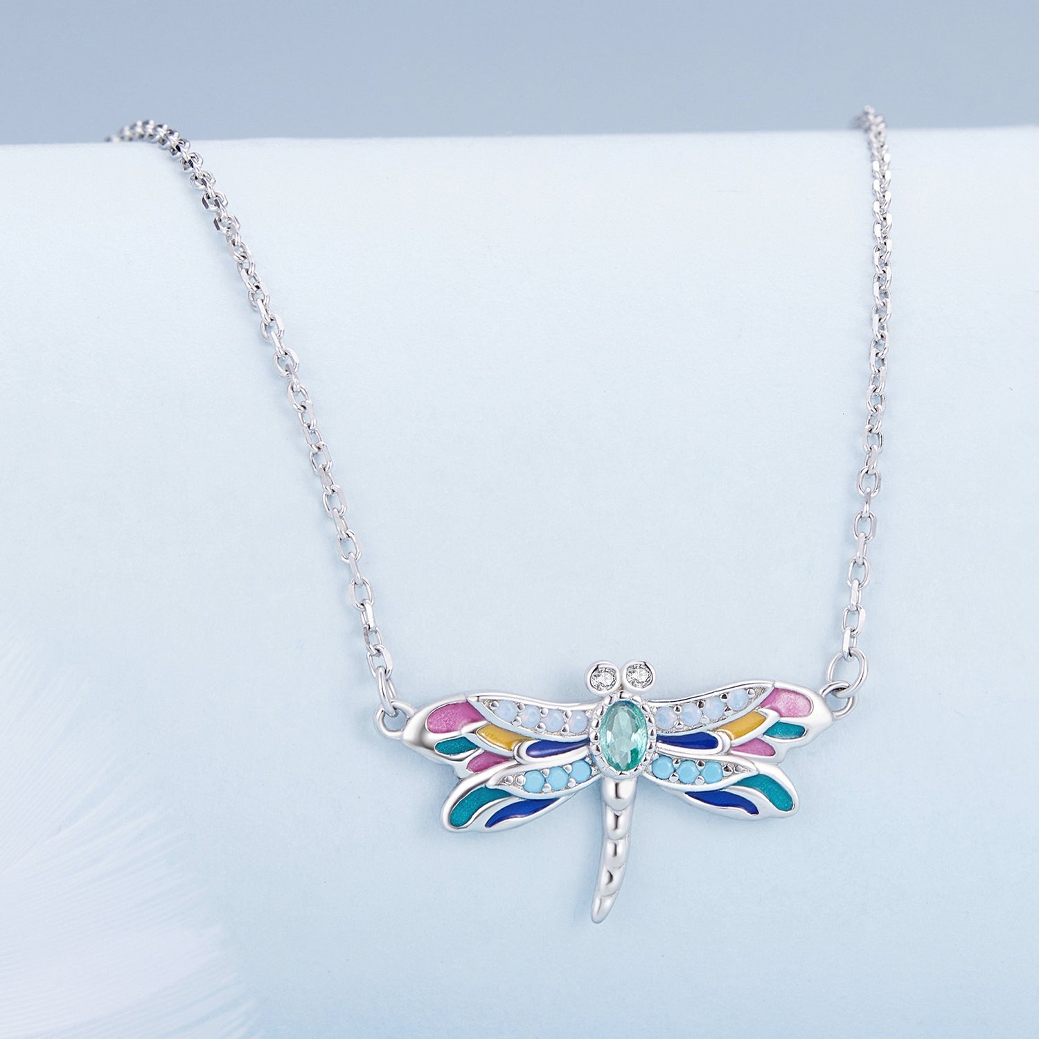 Silver Necklace Colorful Dragonfly Pendant with Lobster Clasp For Sale - sursenso Necklaces