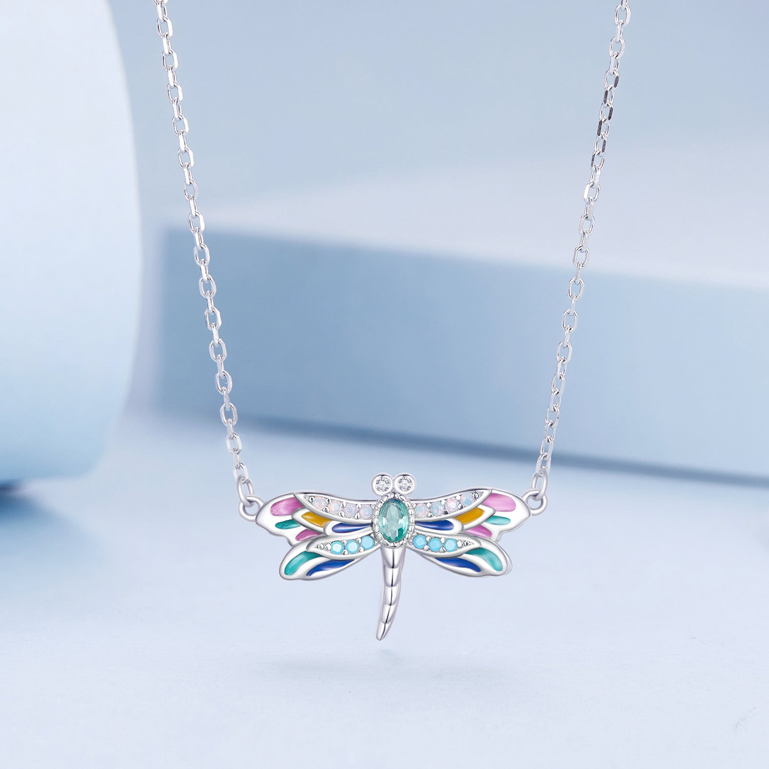 Silver Necklace Colorful Dragonfly Pendant with Lobster Clasp