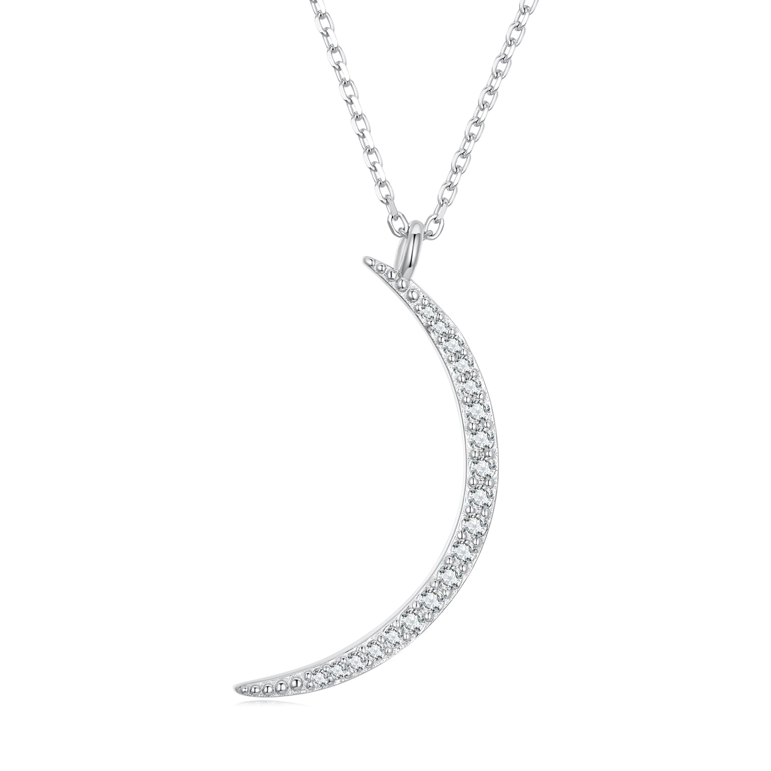 Silver Necklace Crescent Moon CZ Pendant with Lobster Clasp Adjustable For Sale - sursenso Necklaces