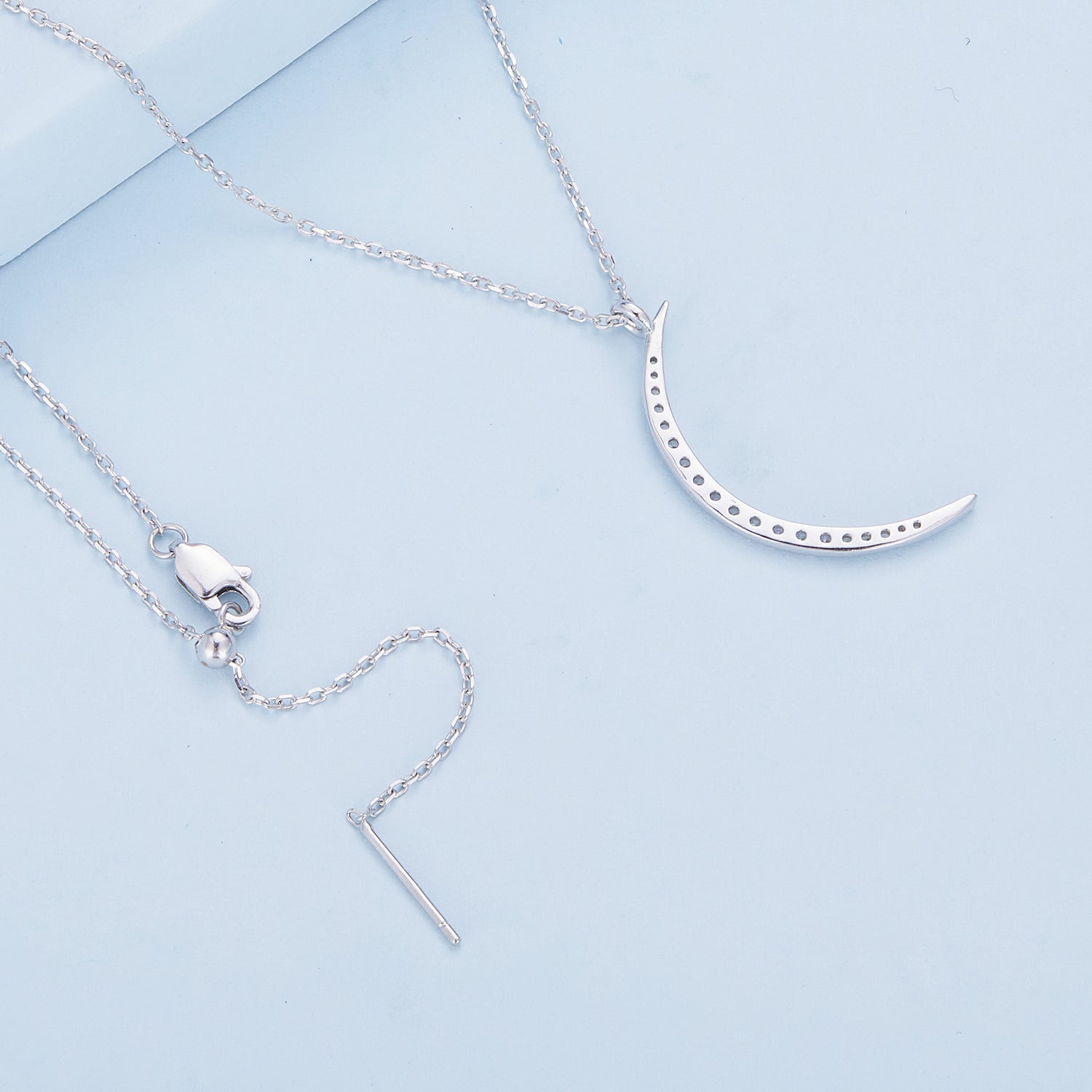 Silver Necklace Crescent Moon CZ Pendant with Lobster Clasp Adjustable For Sale - sursenso Necklaces