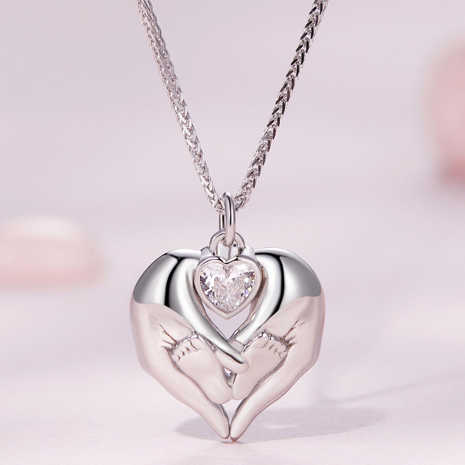 Silver Necklace Footprints of Love CZ Pendant Necklace with Lobster Clasp For Sale - sursenso Necklaces