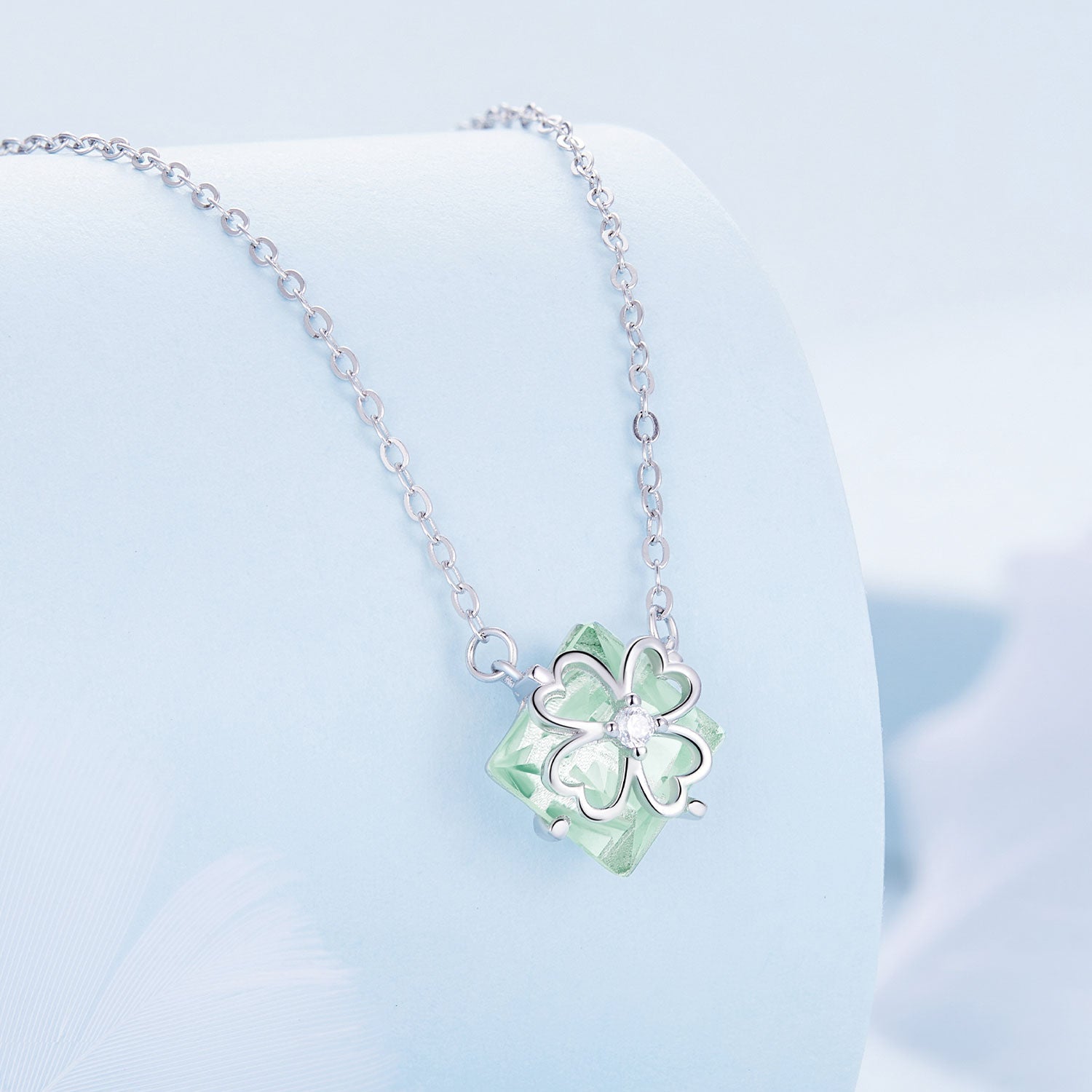 Silver Necklace Green Square Glass with Four Leaf Clover Pendant with Lobster Clasp Adjustable For Sale - sursenso Necklaces