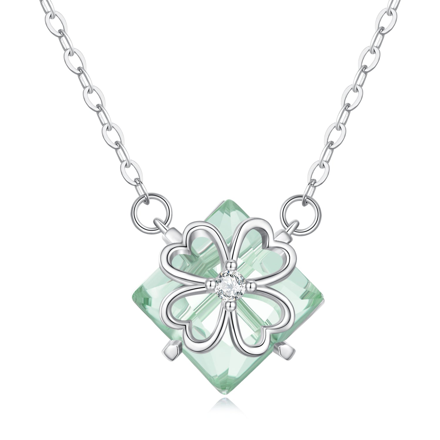 Silver Necklace Green Square Glass with Four Leaf Clover Pendant with Lobster Clasp Adjustable For Sale - sursenso Necklaces