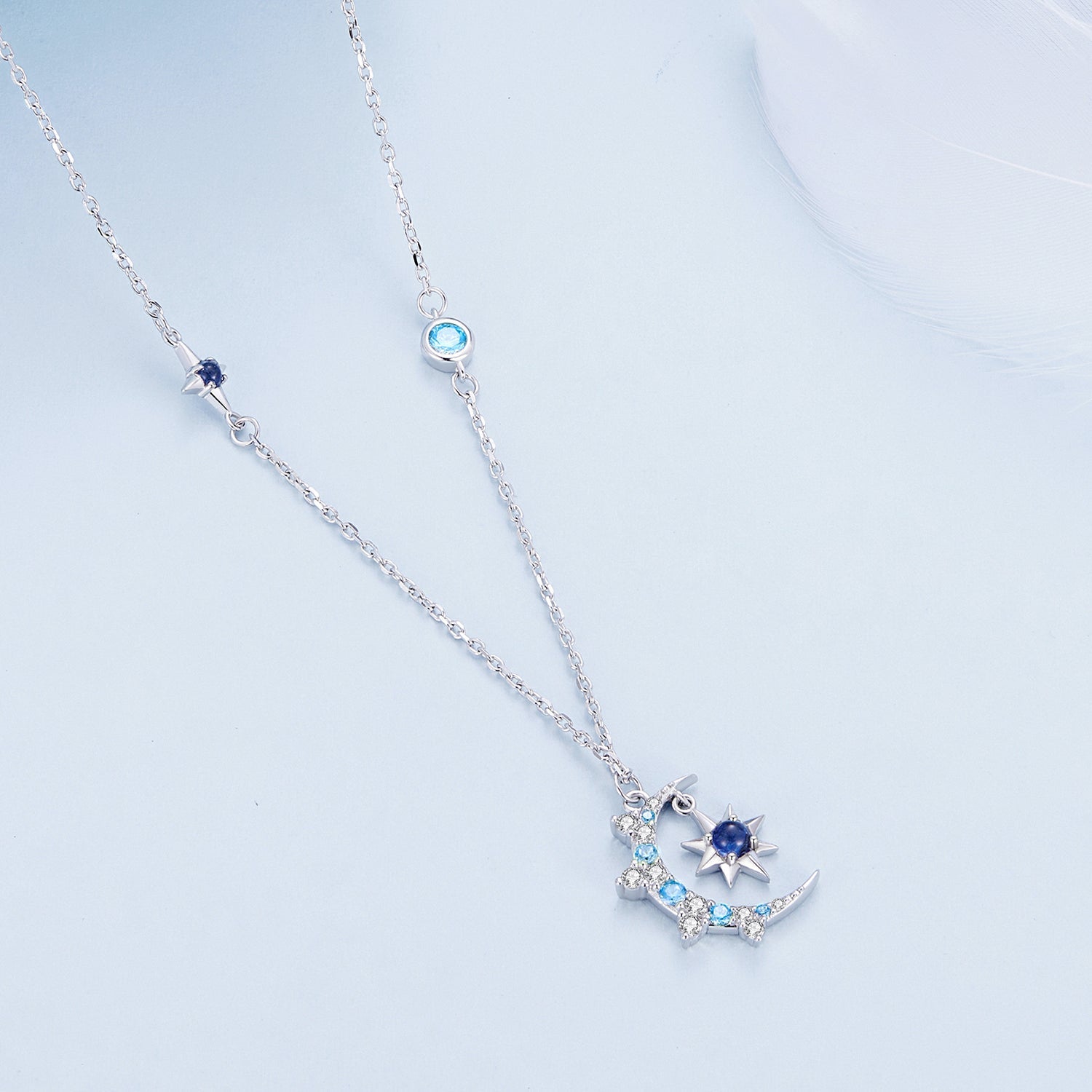 Silver Necklace Moon and Star Burst Pendant with Lobster Clasp For Sale - sursenso Necklaces